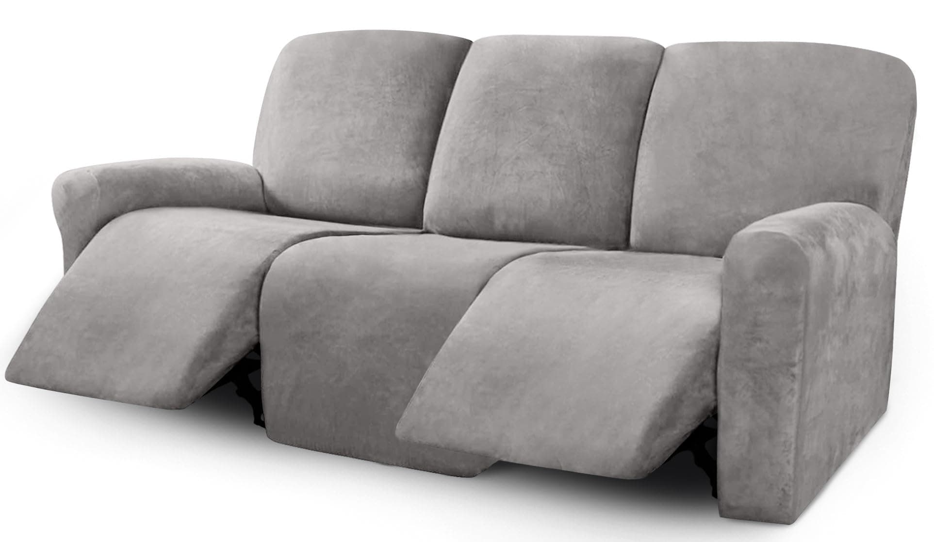 ULTICOR Velvet 8-Pieces Recliner Sofa Covers Stretch Reclining Couch Covers for 3 Cushion Reclining Sofa Slipcovers Furniture Covers Thick Soft Washable (3 Seater Recliner Cover, Light Grey)