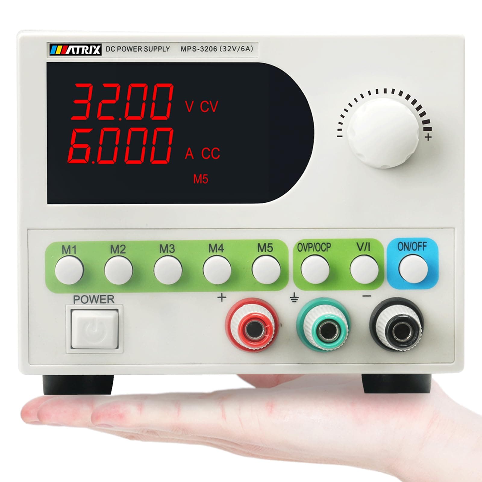 MATRIX DC Power Supply Variable, 32V 6A Adjustable Bench Power Supply 4-Digit Display 5 Sets Storage, Switching Regulated DC Lab Power Supply with Encoder Knob, Smart Fan and OCP/OVP/OTP (MPS-3206)
