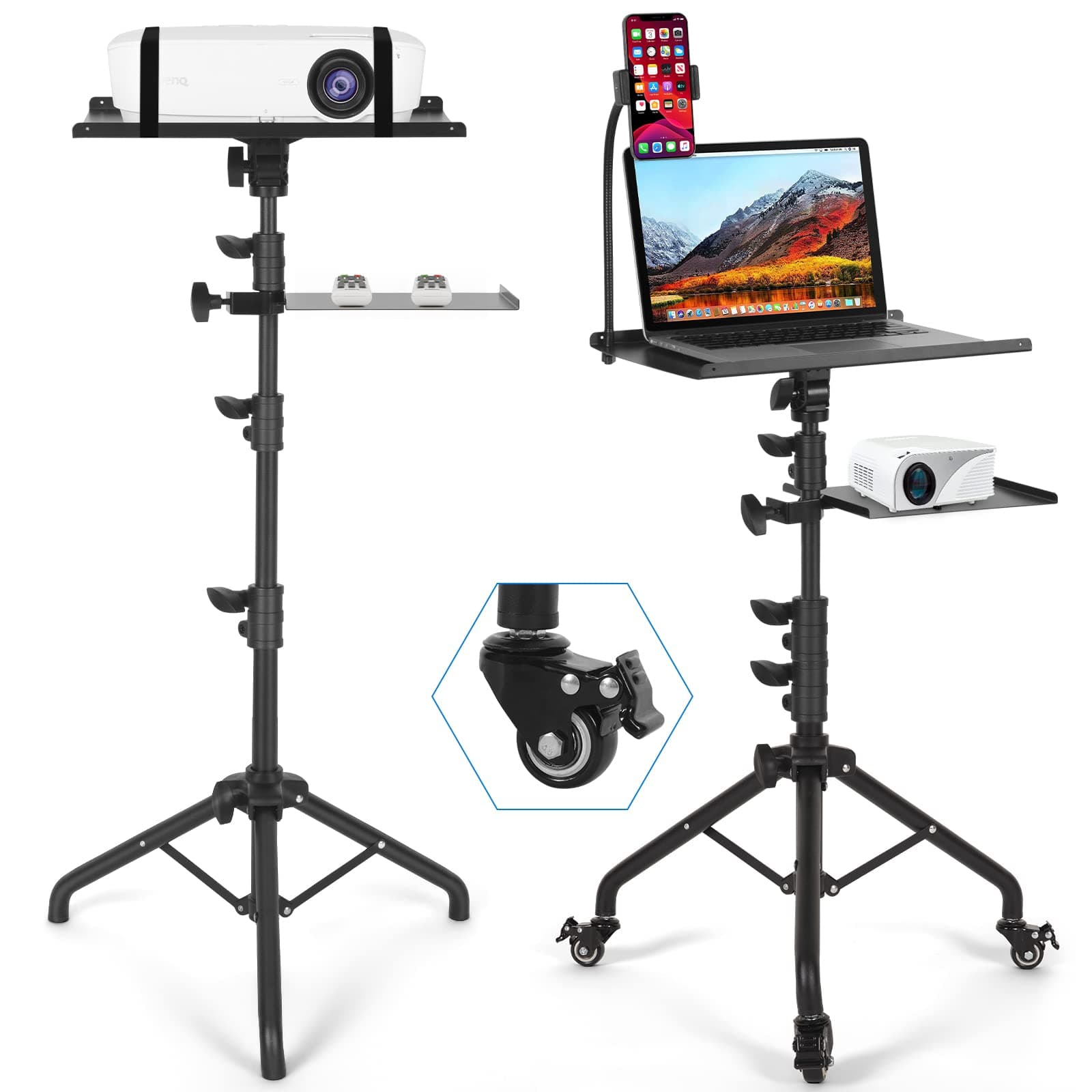 Laptop Tripod on Wheels with 2 Shelves, Portable Projector Floor Stand Adjustable Height 25.9 to 51.8 Inch with Phone Holder