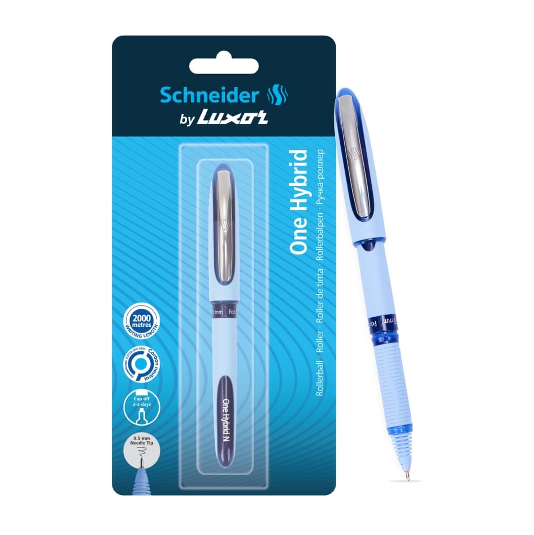 Schneider, One Hybrid Roller Ball Pen - Blue, 0.5 mm, 2000 mtrs writing length, Waterproof Ink, Consistent ink flow, Ideal for Professionals & Office essential