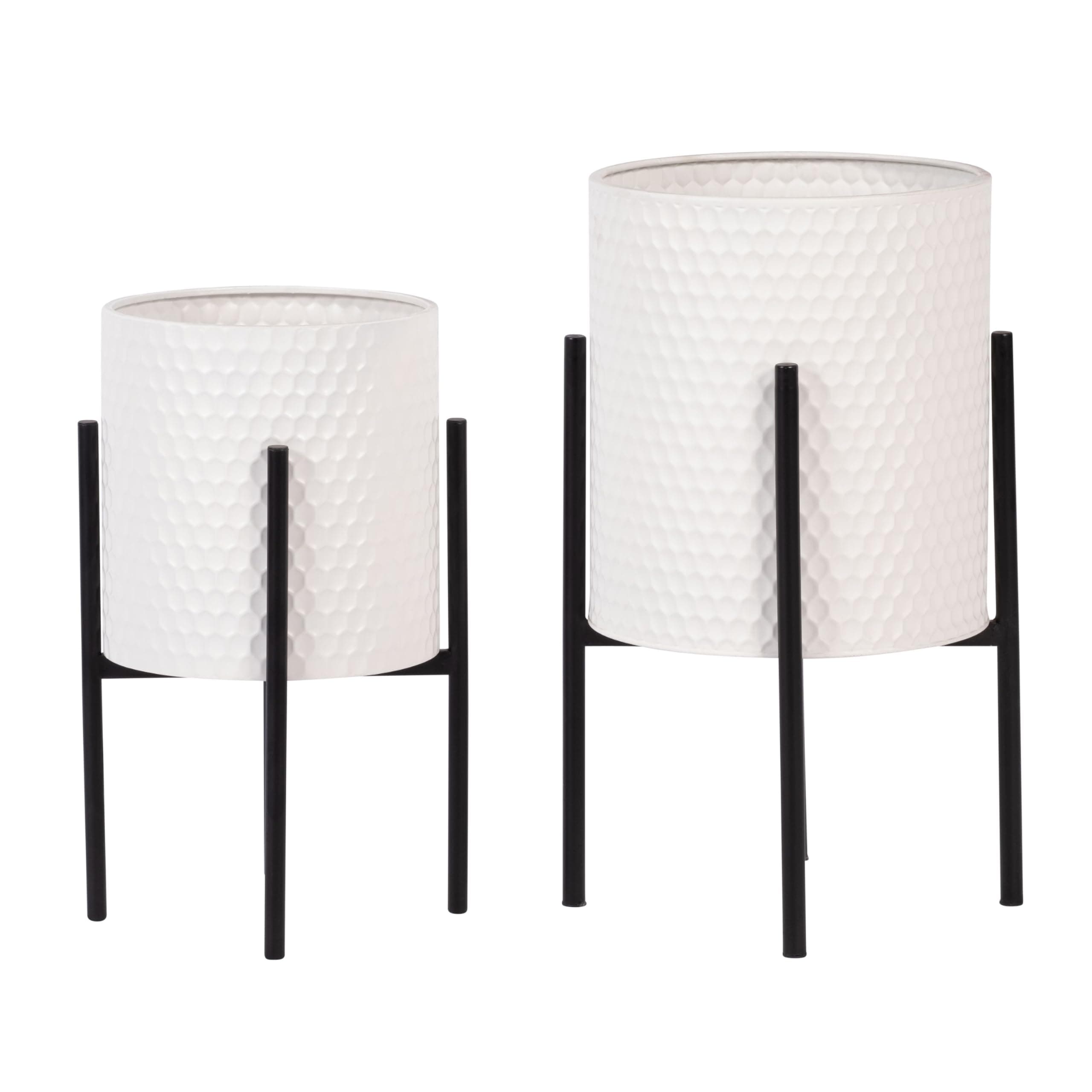 Decorative Flower Pots with Metal Stand for Home Decor - Modern Planters for Hallway, Entryway, and Living Room Decor - Indoor and Outdoor Pots for Plants - Set of 2, 23", 19", White & Black