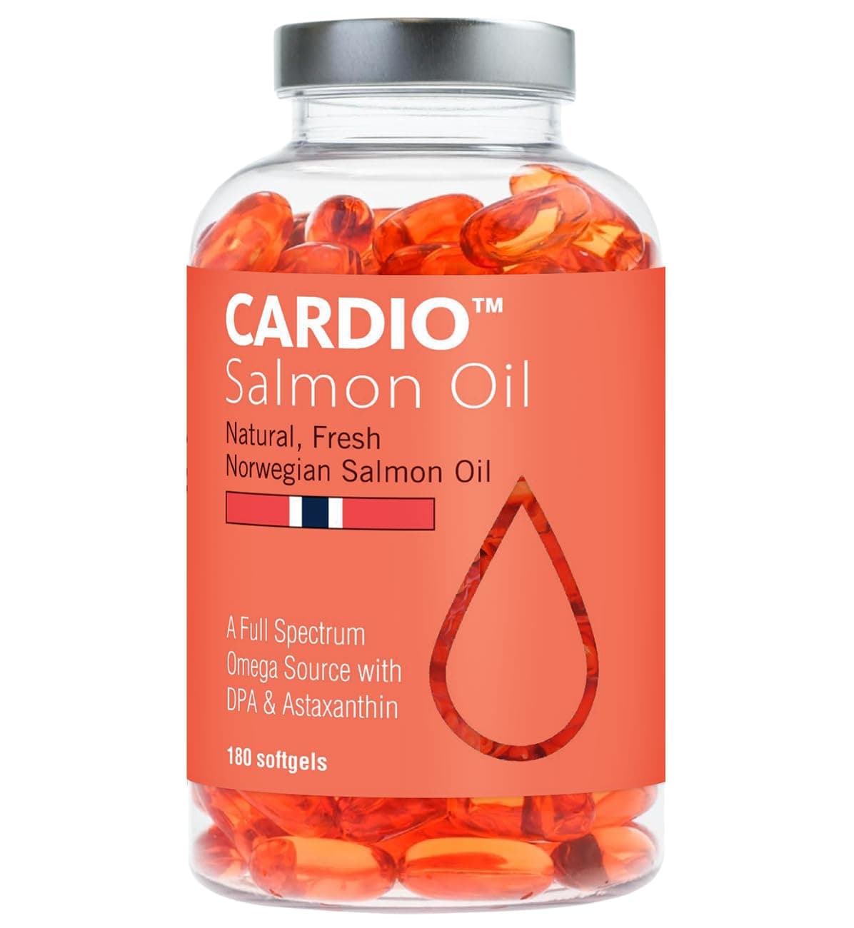 Cardio Omega 3 Fish Oil - 1000mg, Norwegian Salmon Oil with EPA, DHA, DPA & Astaxanthin, No Fishy Aftertaste, Fatty Acids Supplement, 3 Month Supply - 180 Capsules
