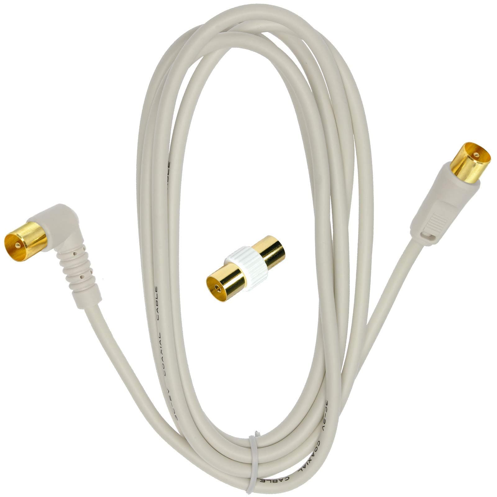 1m Right Angled-Straight Male Connectors + Coupler using 75ohm Coax : TV Aerial Fly Lead for Connecting Wall Outlets to Flat Screen LED LCD Televisions or Freeview Set Top Boxes (1 Metre White)