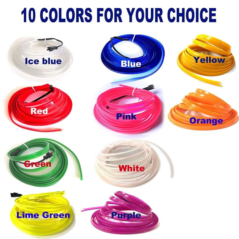 El Wire Mutilcolor Interior Car LED Strip Lights,3M Neon Wire USB 5V with Fuse Protection for Automotive Interior Decoration, with 6mm Sewing Edge