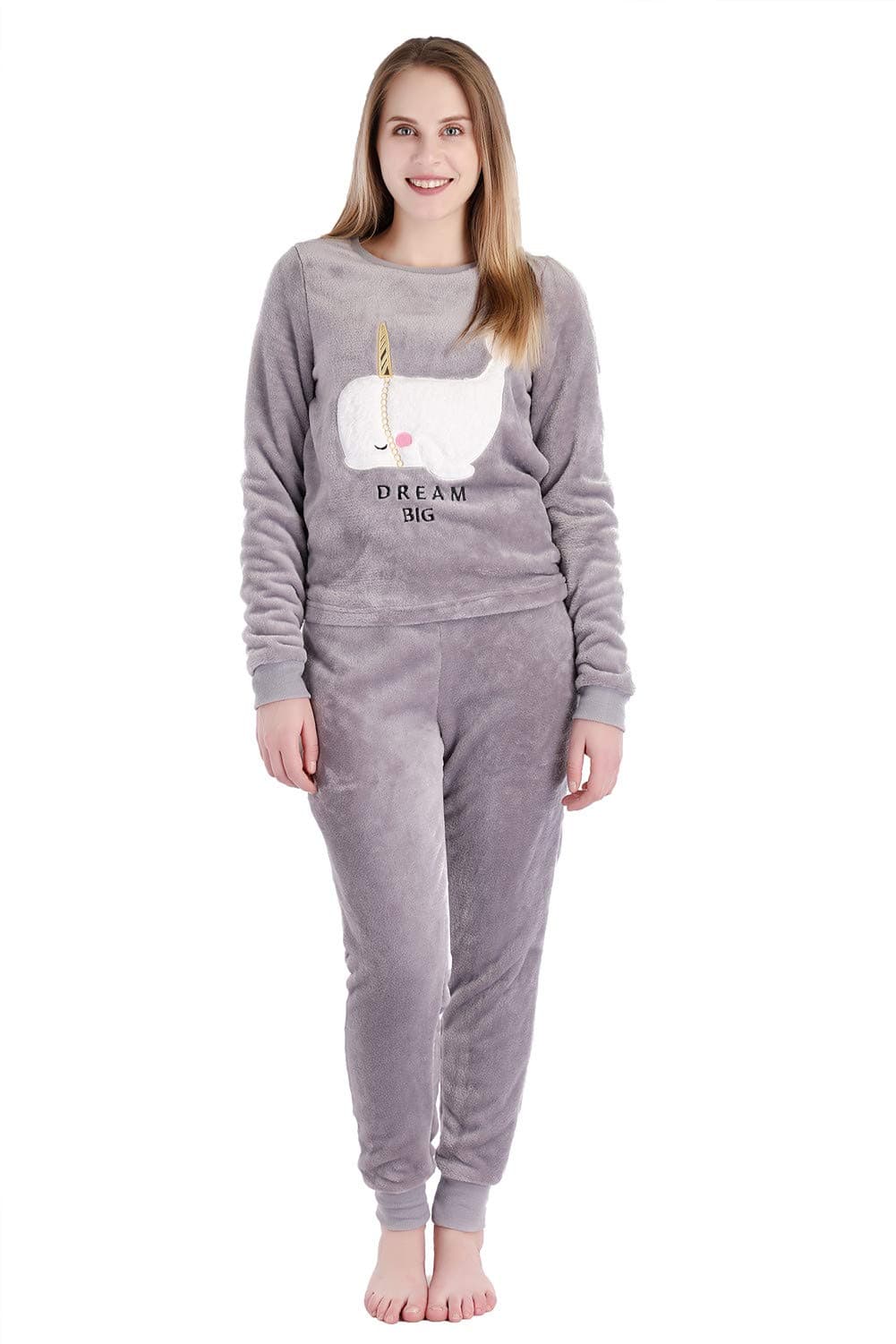 Dolcevida Women's Fleece Warm 2-Piece Long Sleeve Pajamas Set Winter Christmas Plush Loungwear PJ Set (L, Grey)