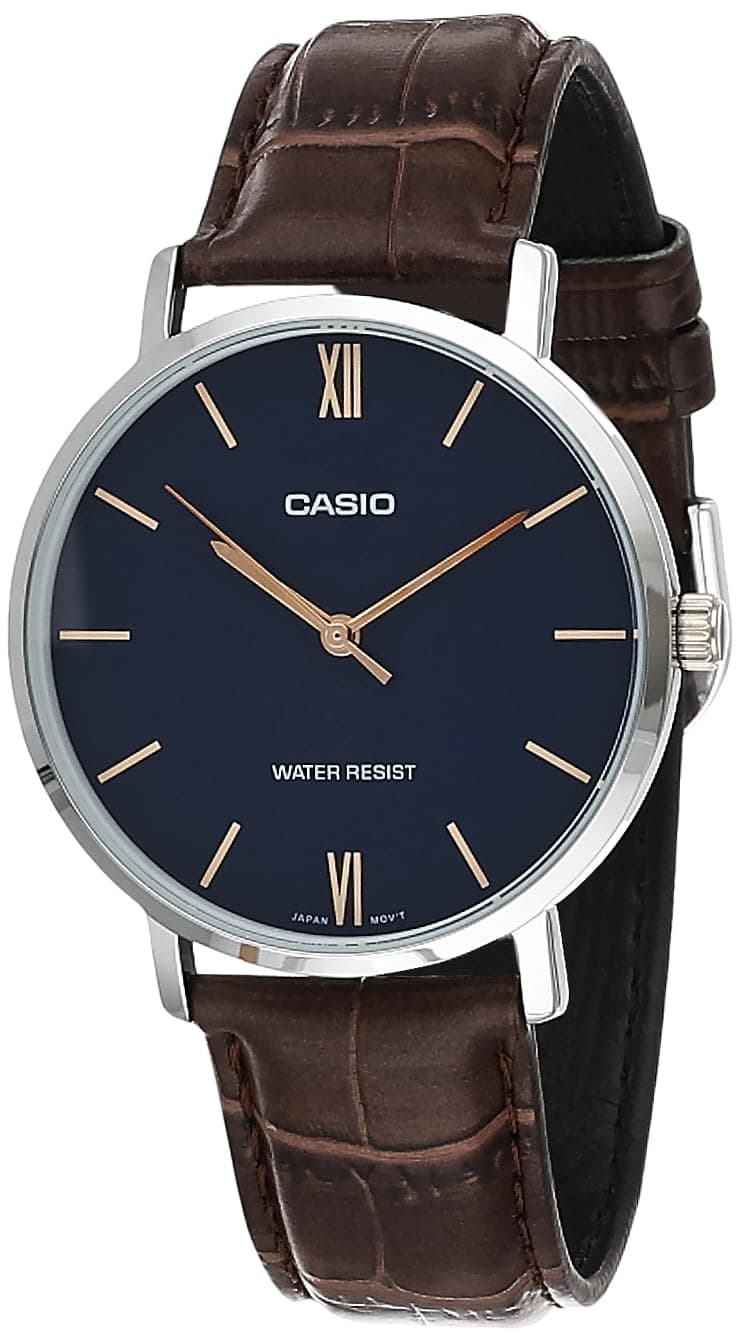 Casio MTP-VT01L-2B Men's Minimalistic Blue Dial Brown Leather Band Analog Watch