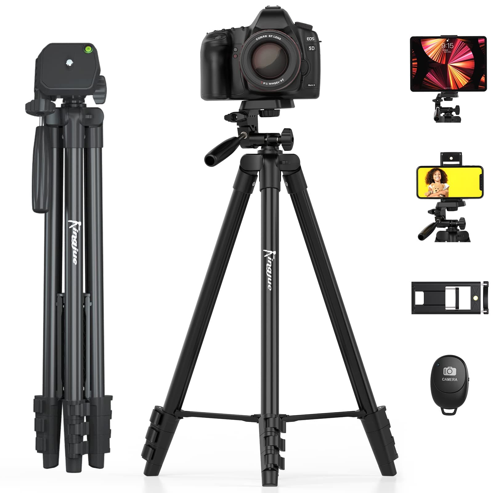 60'' Camera Phone Tripod Stand Compatible with Canon Nikon DSLR with Universal Tablet Phone Holder Remote Shutter Bubble Level and Carry Bag Max Load 6.6LB