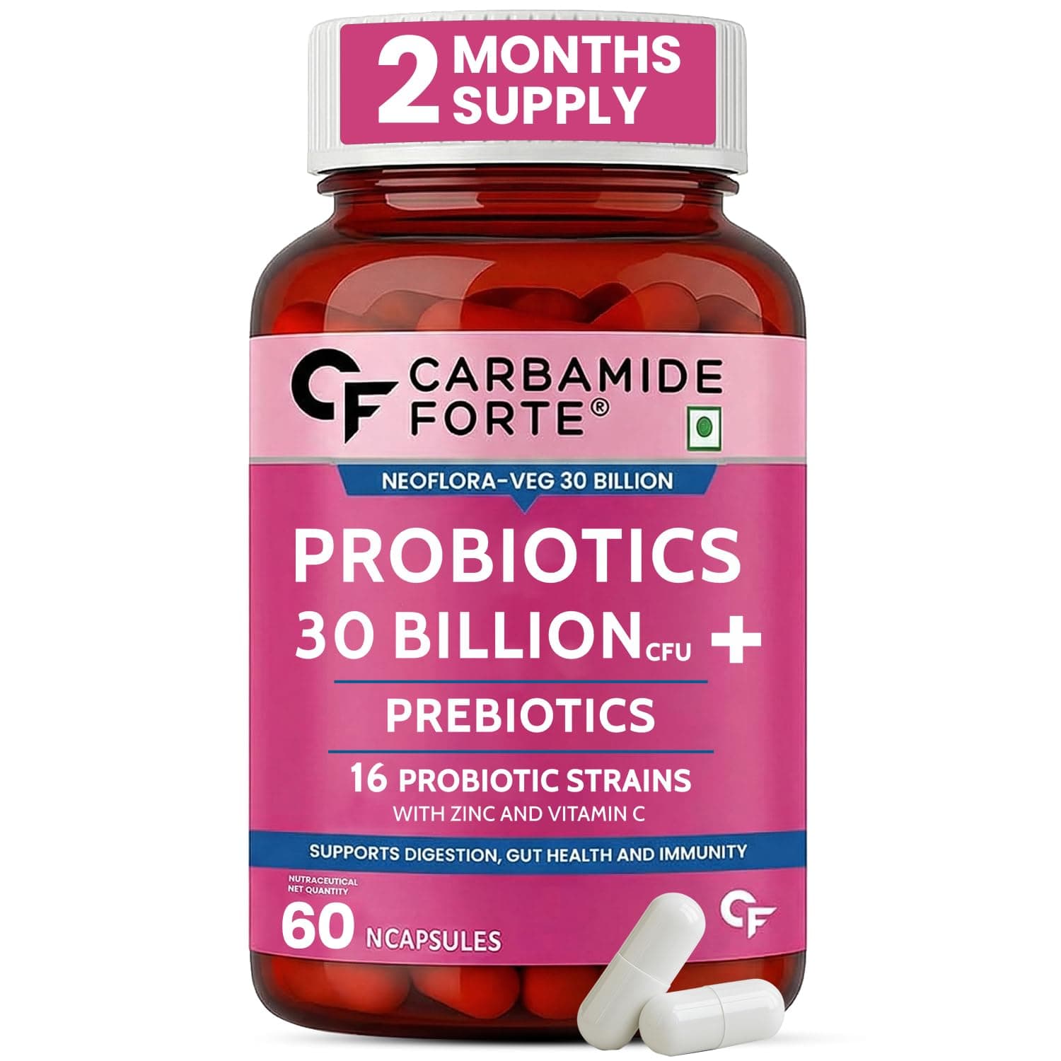 Carbamide Forte 30 Billion Probiotics Supplement | Gut Cleanse Detox | Gut Health Supplement with Prebiotics and Probiotics | Lactobacillus Reuteri 60 Veg Capsules for Men & Women