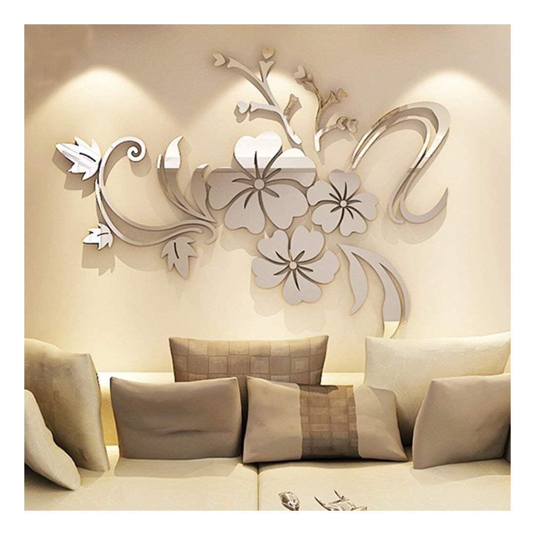YINGYUAN 1 Piece Set Acrylic Art 3D Mirror Flower Wall Sticker DIY Home Wall Decal Decoration Sofa TV Wall Removable Wall Sticker 120X90cm (Silver) β¦ (Silver)