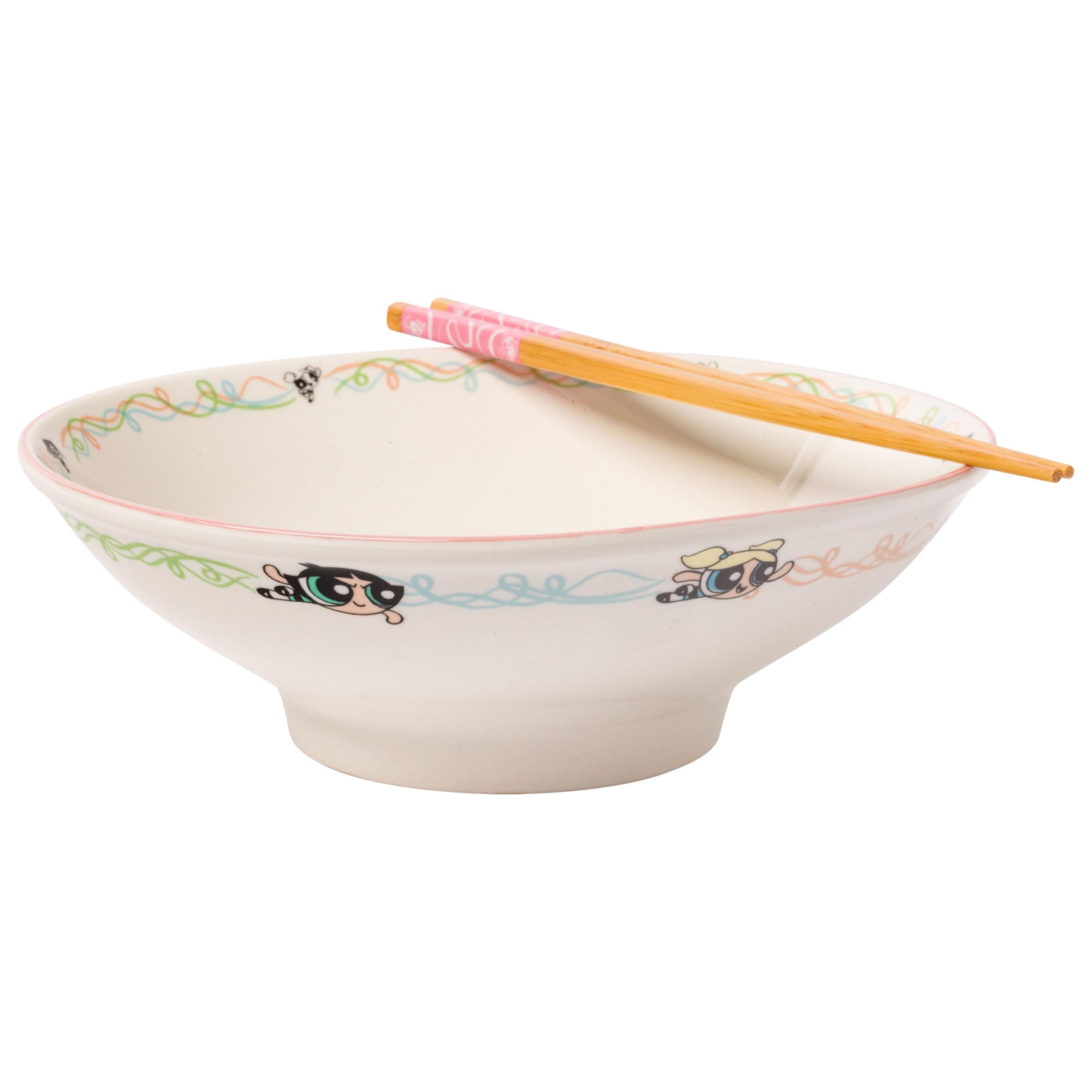 Silver Buffalo The Powerpuff Girls Ceramic Ramen Noodle Rice Bowl with Chopsticks, Microwave Safe, 30 Ounces