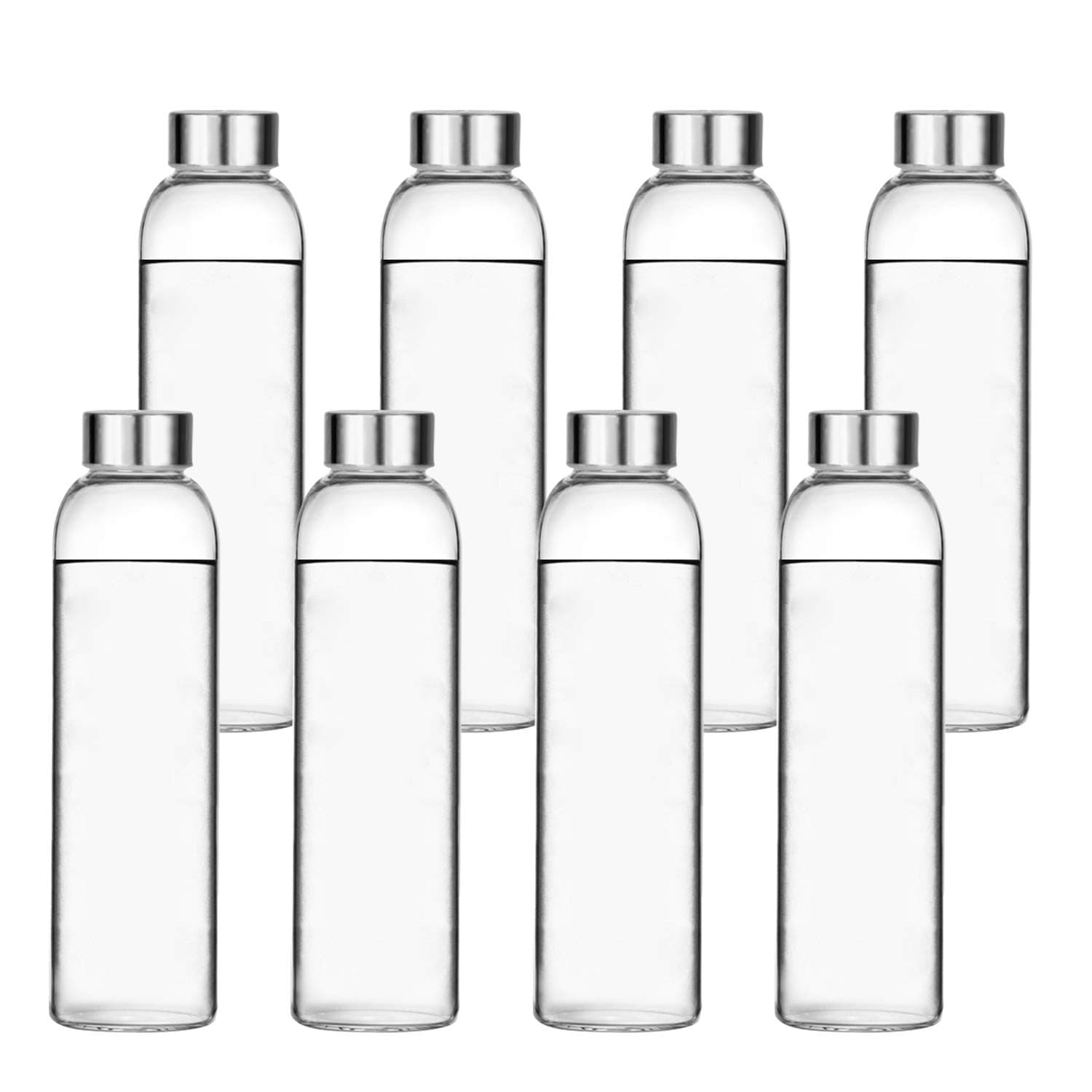 Encheng Glass Water Bottles, Glass Beverage Bottles 16oz,Drinking Bottles with Leakproof Stainless Steel Cap 500ml,Reusable Juice Bottles Beverage Drinkware,to Go Travel Bottles for Drink,Sauce 8Pack