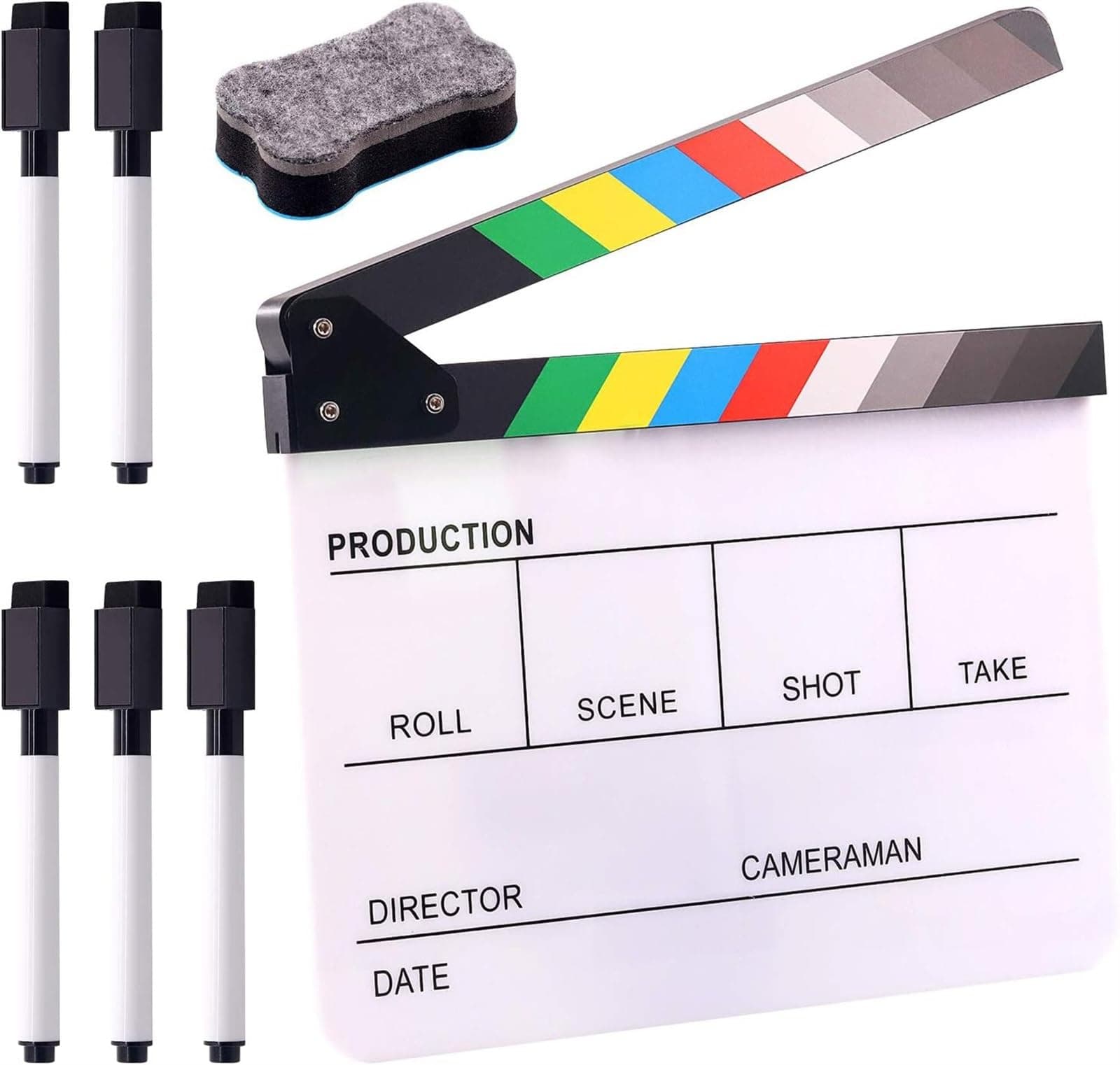 THE WHITE SHOP 7Pcs, Acrylic Film Movie Directors Clapboard Kit, Magnetic Blackboard Eraser,5Pcs Custom Pens Dry Erase Director Clapper Coating Board Slate for Director or Film Fans