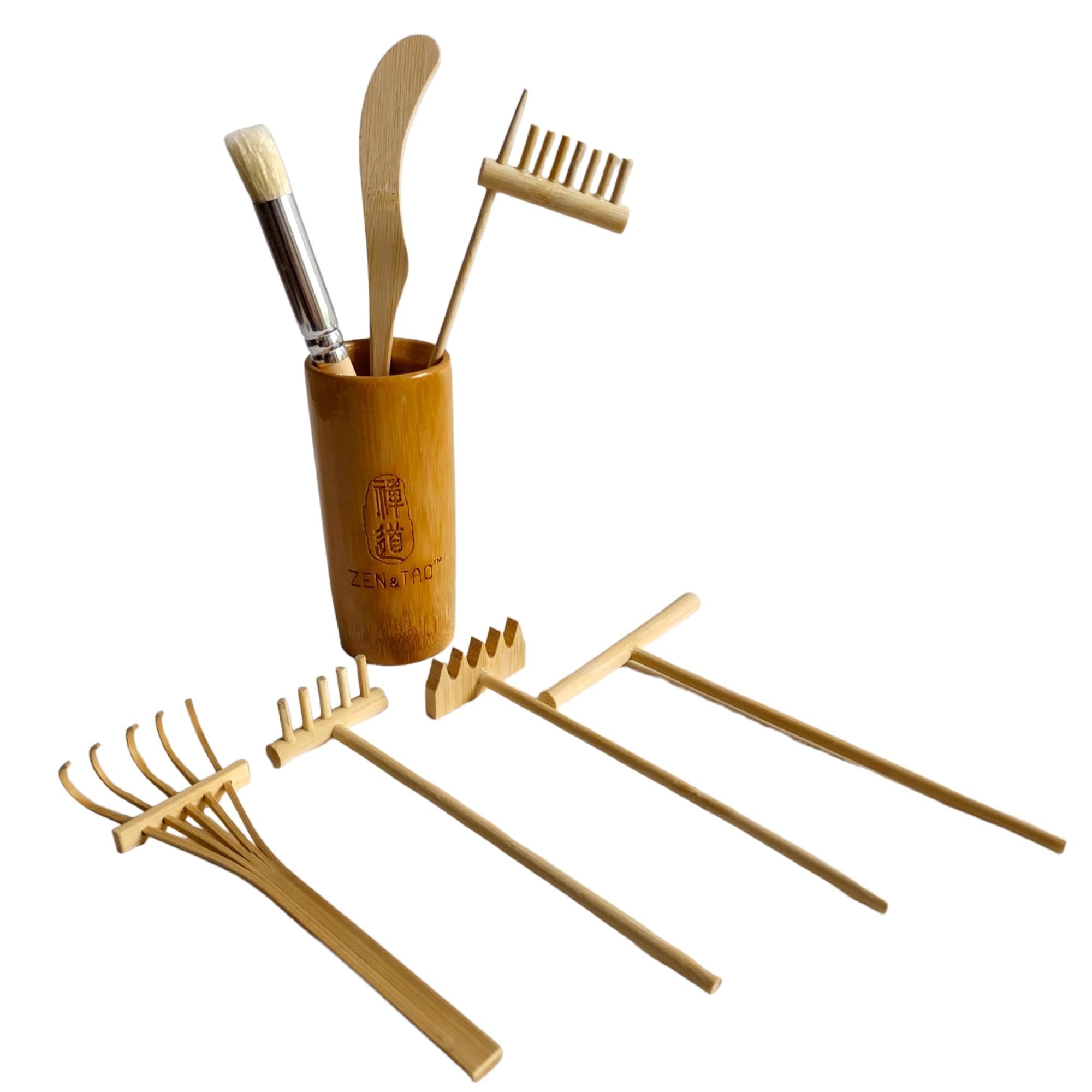 Natural Bamboo/Wood Made Miniature Seven-Pieces Zen Garden Toolset Accessories with a Signature Bamboo Holder for Meditation, Relaxation or Gift