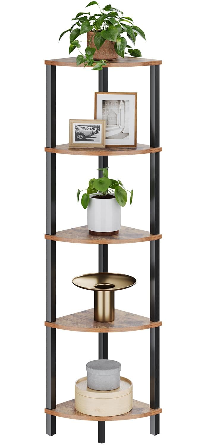 VIMBER Corner Shelf, 5-Tier Corner Bookshelf, Industrial Corner Ladder Shelf, Rustic Display Shelf for Living Room, Bedroom, Kitchen, Home Office, Rustic Brown and Black UJSJ001H