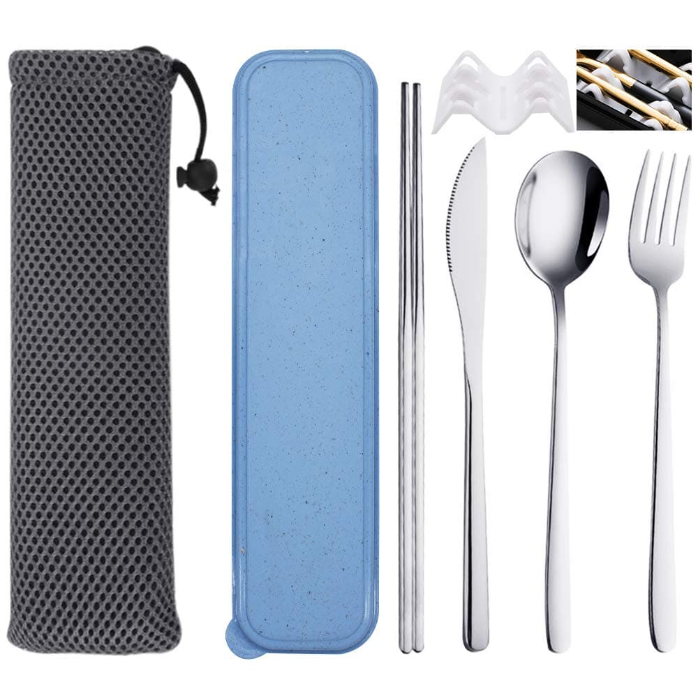6 Pcs Portable Stainless Steel Flatware Set, Travel Reusable Utensils Set Cutlery Set Including Knife Fork Spoon Chopsticks Carry Case for School, Office, Camping, Picnic(Sliver)