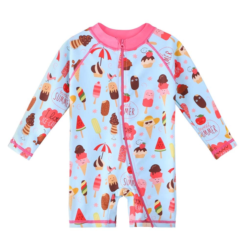 HUAANIUE Baby Girls One Piece Swimsuit Long Sleeve Swimwear UPF 50+ UV Sunsuit Cute Icecream Swimming Kids Wetsuit Zipper 4-12Y Swim Clothes