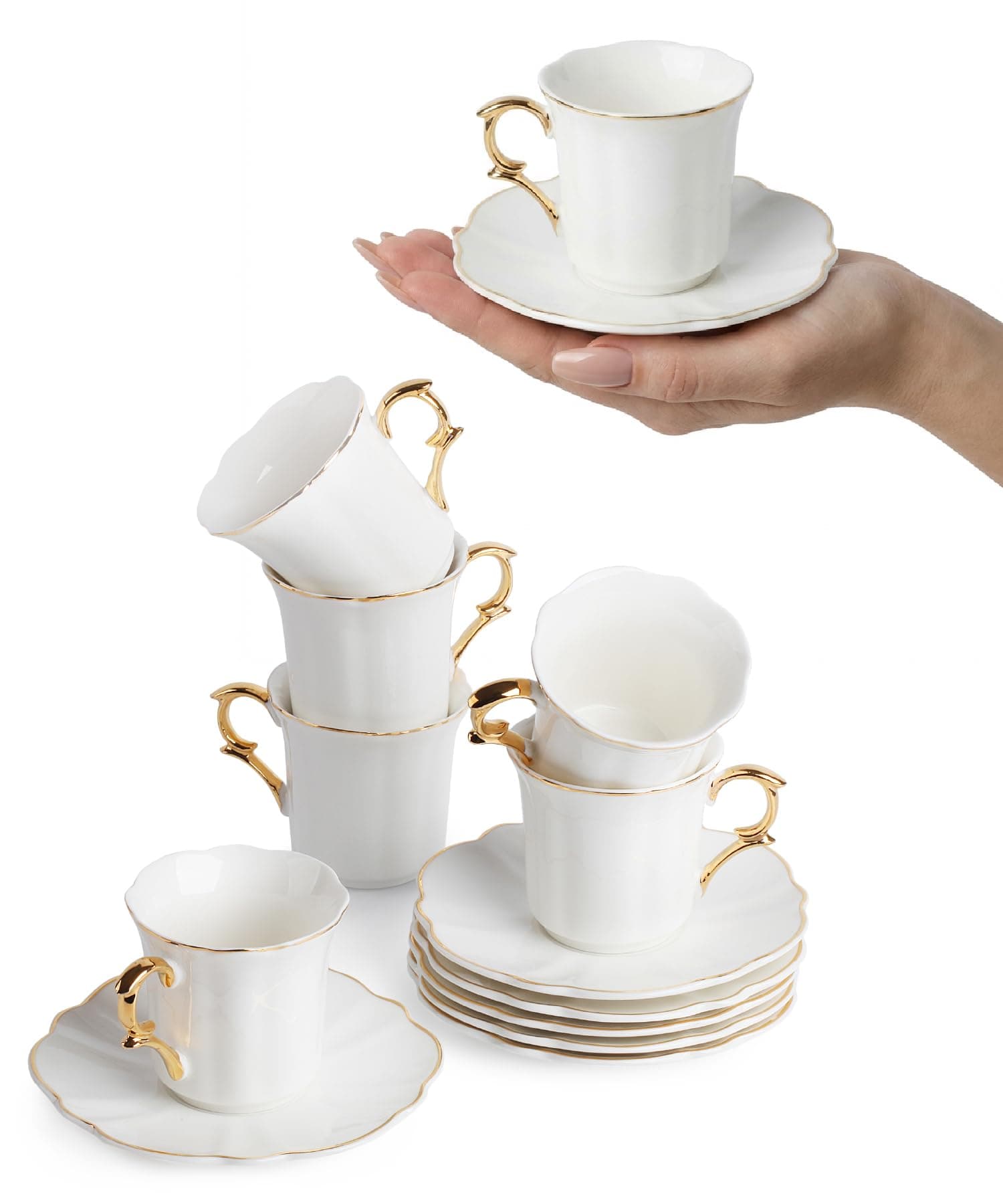 BTäT- Espresso Cups and Saucers, Set of 6 Demitasse Cups (2.4 oz) with Gold Trim and Gift Box, Small Coffee Cups, White Espresso Cup Set, Turkish Coffee Cups, Porcelain Espresso Mugs, Espresso Set