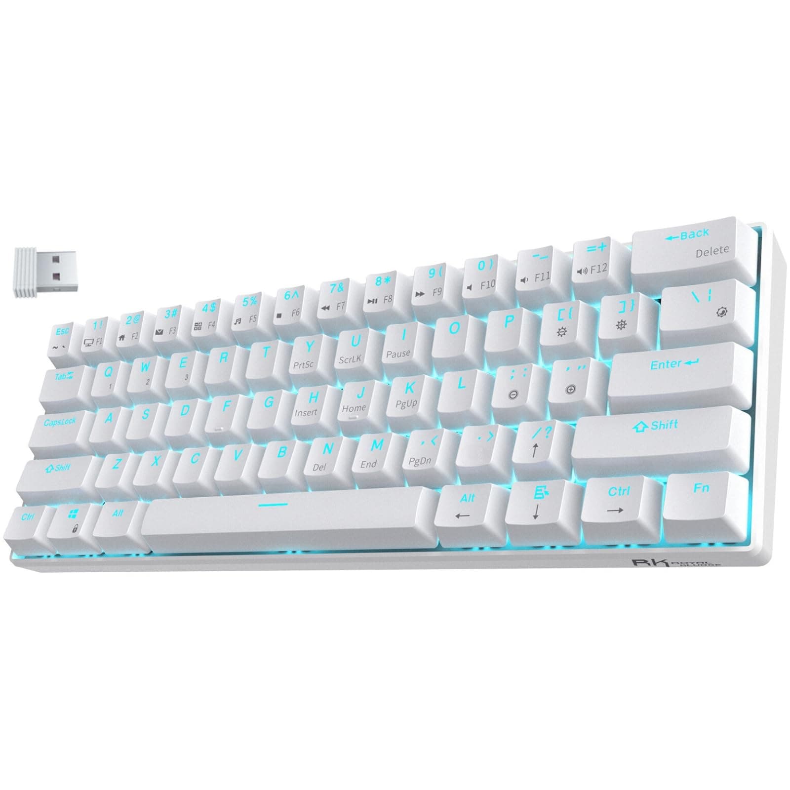Rk Royal Kludge Rk61 61 Keys Wired/Wireless Multi-Device Yellow Led Backlit Mechanical Gaming/Office Keyboard For Ios, Android, Windows With 1450Mah Battery, Hot-Swappable Tactile Blue Switch-White