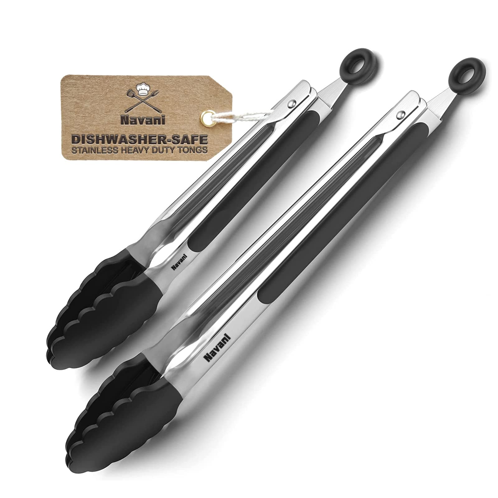 Navani Kitchen Tongs | 9 & 12 Inch Silicone Tip Tongs | Non Stick for Air Fryer & Salad/Pasta, Black 2pcs