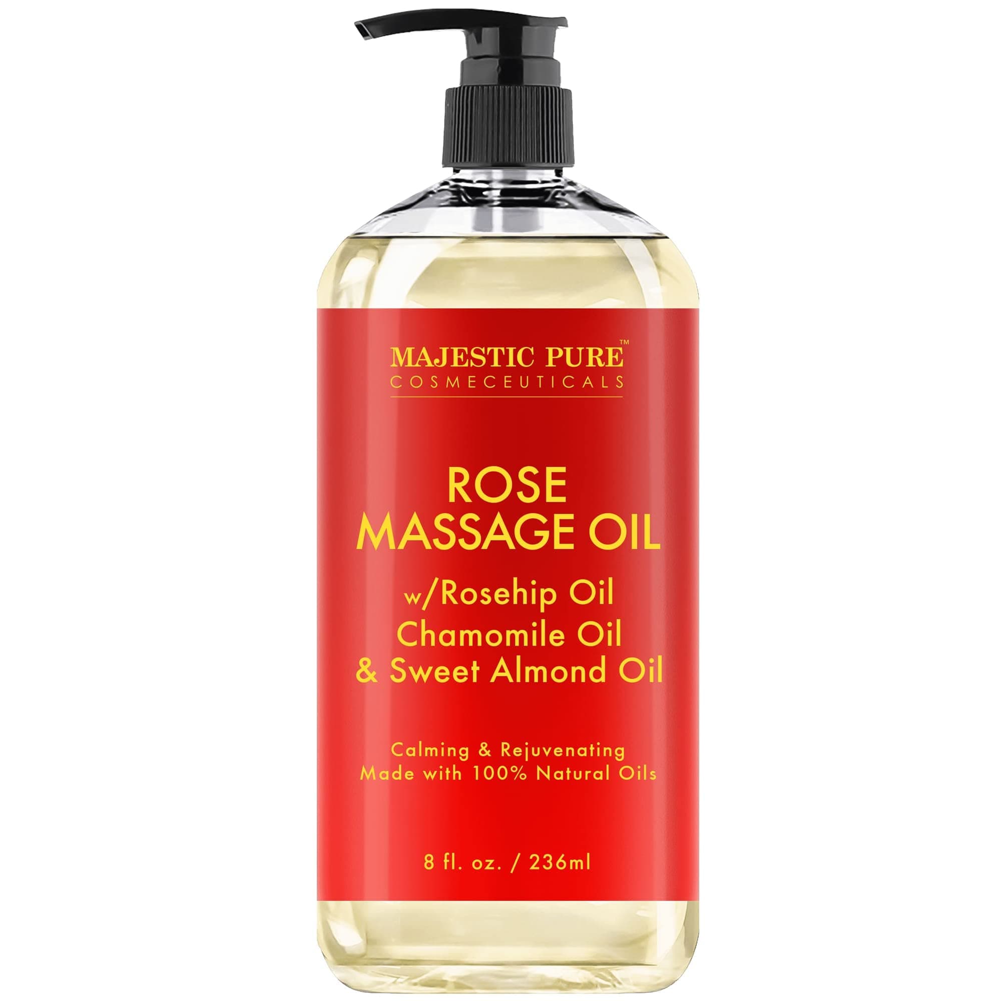 MAJESTIC PURE Rose Massage Oil - Hydrating, Calming, Warming, Relaxing & Rejuvenating Body Oil - Premium Grade, Made with Natural Oils - Skin Care for Men and Women - Made in USA - 8 fl oz