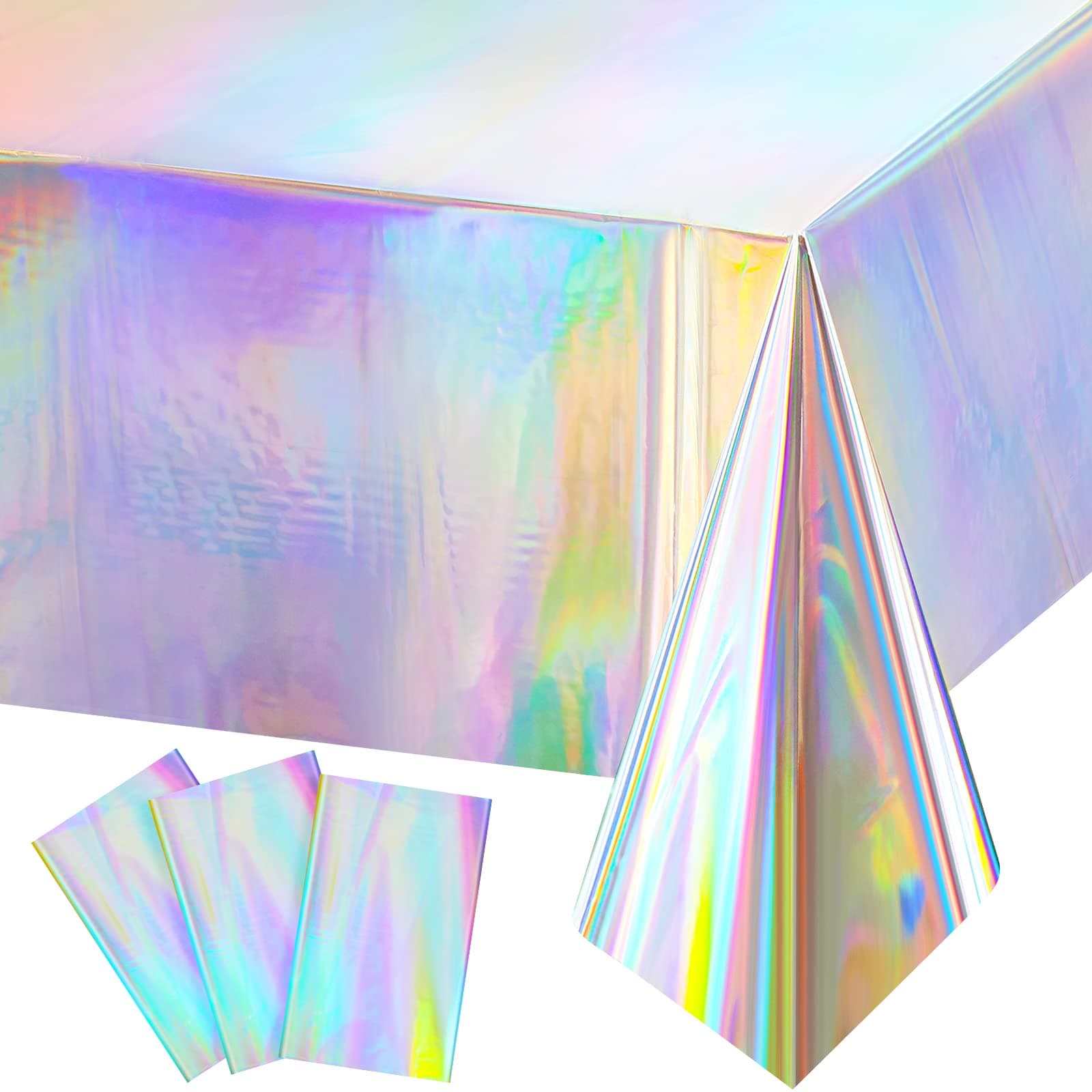 3 Pack Iridescence Plastic Tablecloths Laser Table Covers Holographic Foil for Girl Party Wedding Disco Dance Birthday Holiday Mermaid Party Decorations 54 x 108 Inch (Laser Color)