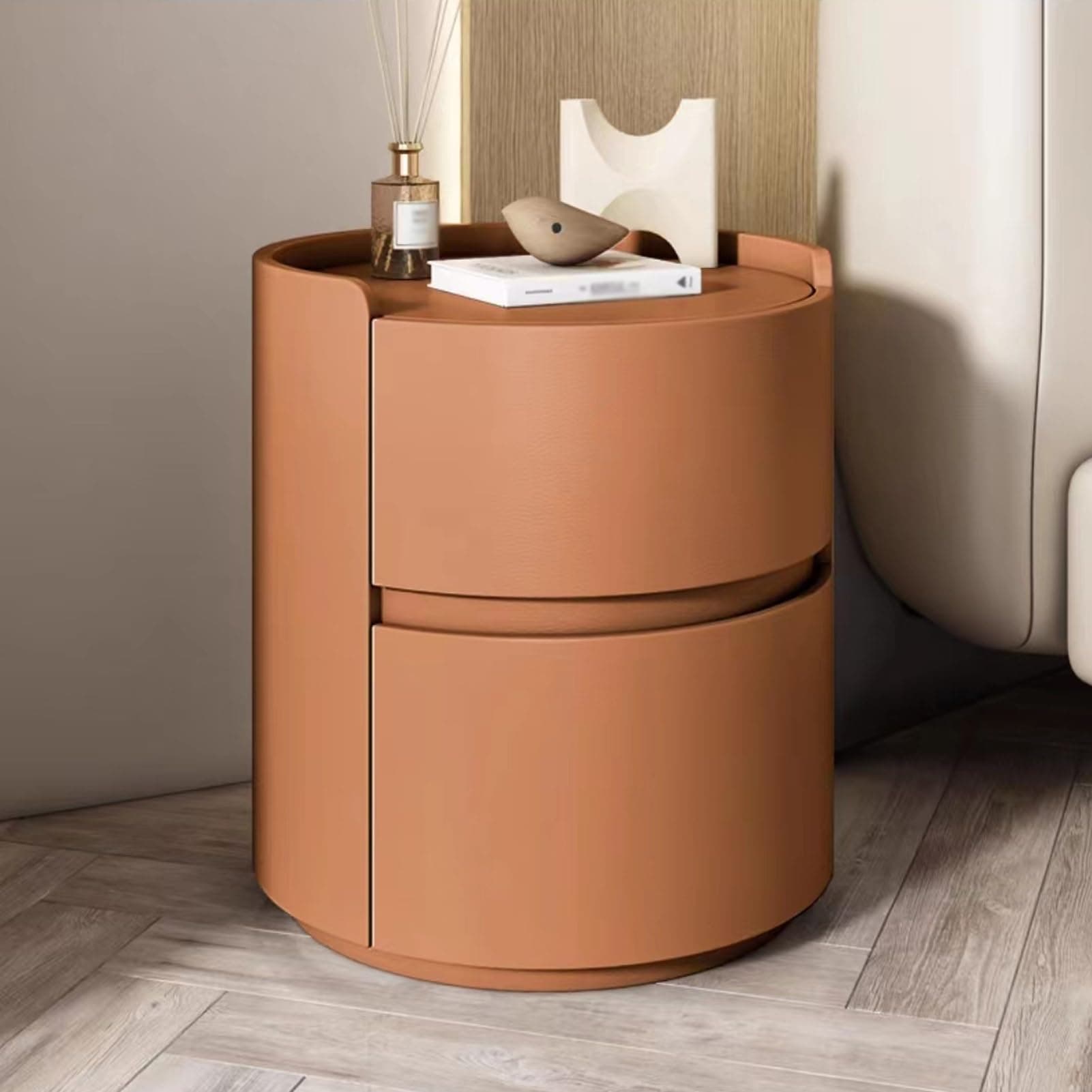 ERICAT Round Night Stand Nightstand, Wooden Bedside Table for Bedroom, Outer Leather Bedside Table, Nightstand Storage Living Room end Tables Drawer Shelf Bed Side Table(Orange,40x40x50cm)