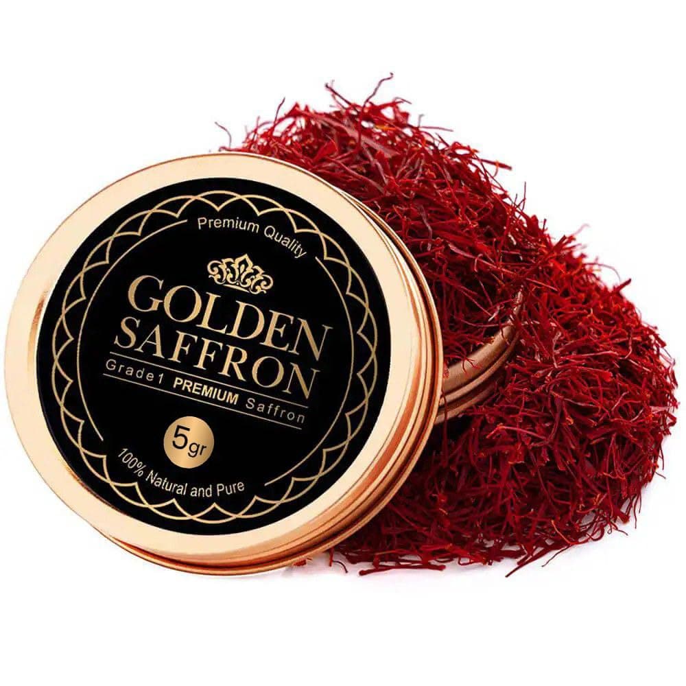 Golden Saffron, Finest Pure Premium All Red Saffron Threads, Grade A+ Super Negin, Non-GMO Verified. For Tea, Paella, Rice, Desserts, Golden Milk and Risotto (5 Grams)