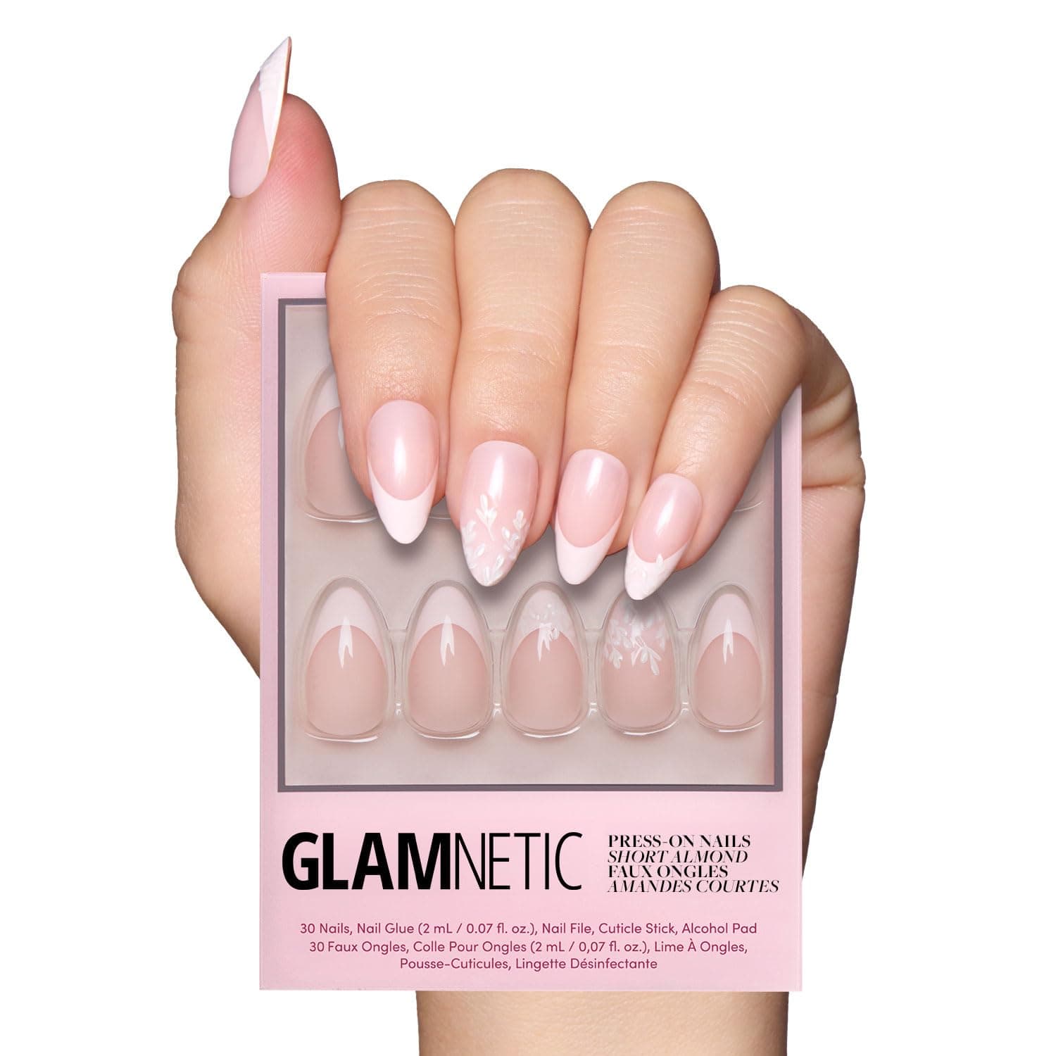Glamnetic Press On Nails - All Time Love | Glossy, Semi-Transparent, Short Almond French Tip Nails with Leaf Accents, Salon Quality | 15 Sizes - 30 Nail Kit with Glue