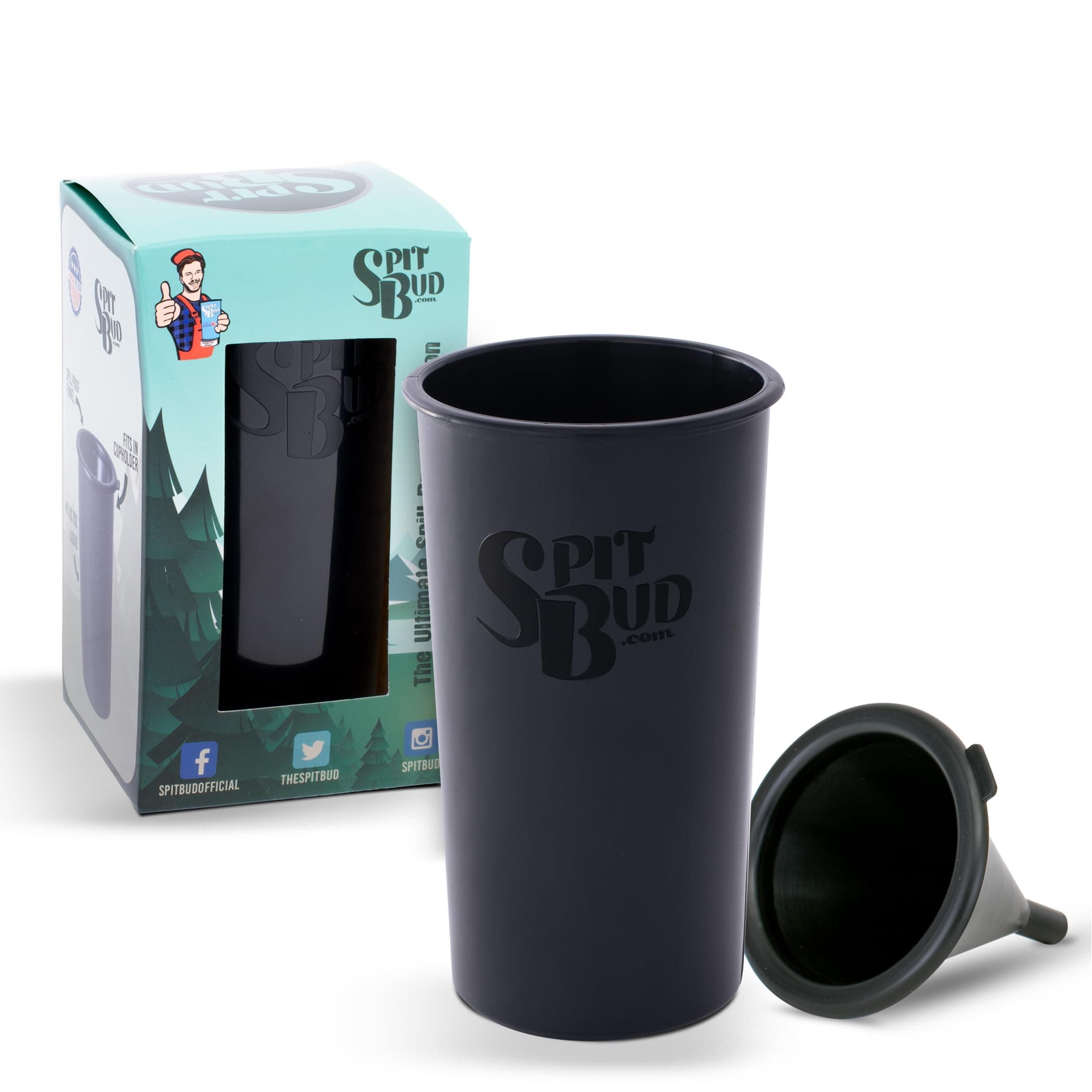 Spit Bud Original Black - Spittoon for Chewing Tobacco - Portable Dip & Snuff Cup with Lid, Pop Tab, Spill-Proof Funnel - Fits Most Cup Holders - Holds 8oz, 4x4x7"