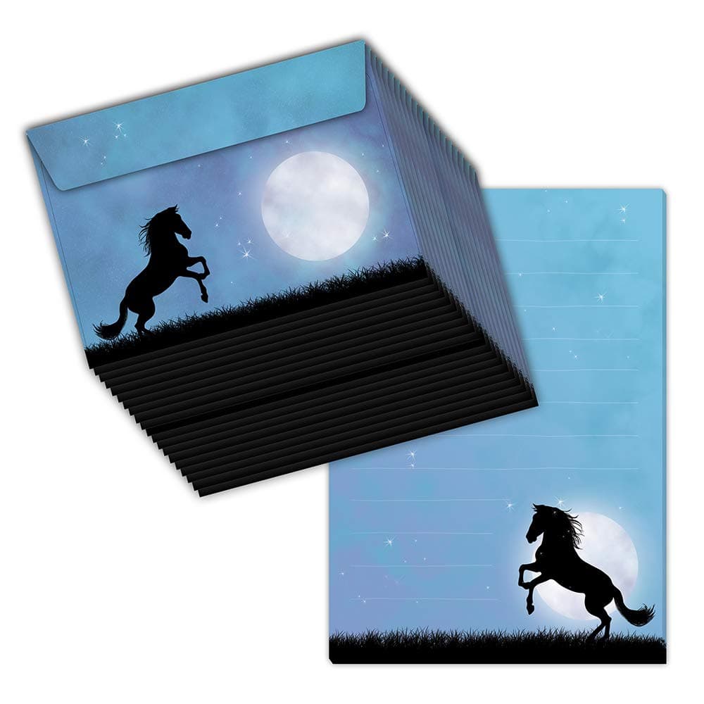 Letter Writing Paper/Pad Set ‘Horse in The Moonlight’, DIN A5 Lined Paper, 50 Sheets, Includes 20 Matching Envelopes (not Boxed)