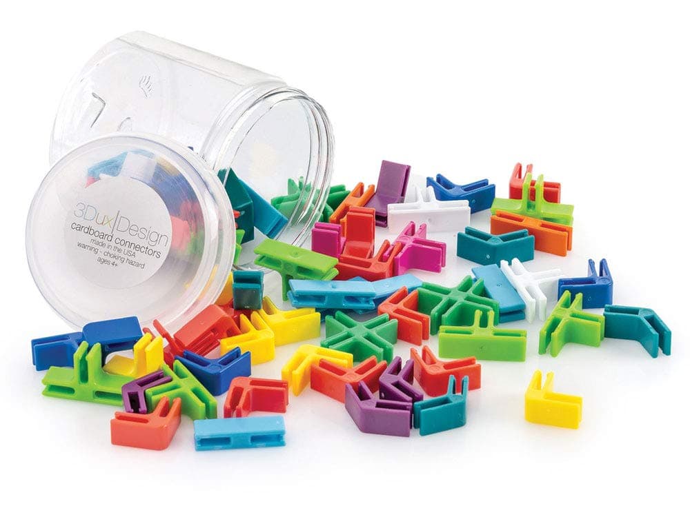 3DuxDesign Construction Set with 60 Clips That fit Cardboard- Perfect for Building and Open Ended Creative Play in Home and STEM and STEAM Learning at School, Ages 4+