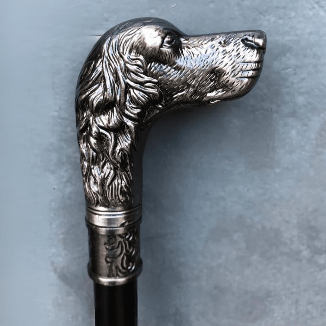 Vintage Dog Head Walking Stick Cane - Pewter Silver Handle, Black Iron Shaft, Mobility Aid & Walking Sticks for Women & Men, Non-Slip Rubber Ferrule, Fancy Dress & Collector’s Cane