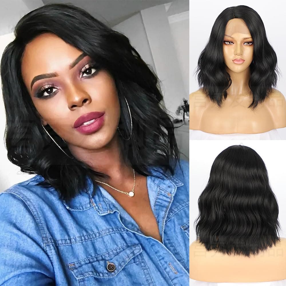 Black Bob Lace Front Wigs for Women Middle Part Short Wave Wig Shoulder Length Short Bob Wig Synthetic Costume Wigs Daily Wear Wig Cosplay Wig 12Inches