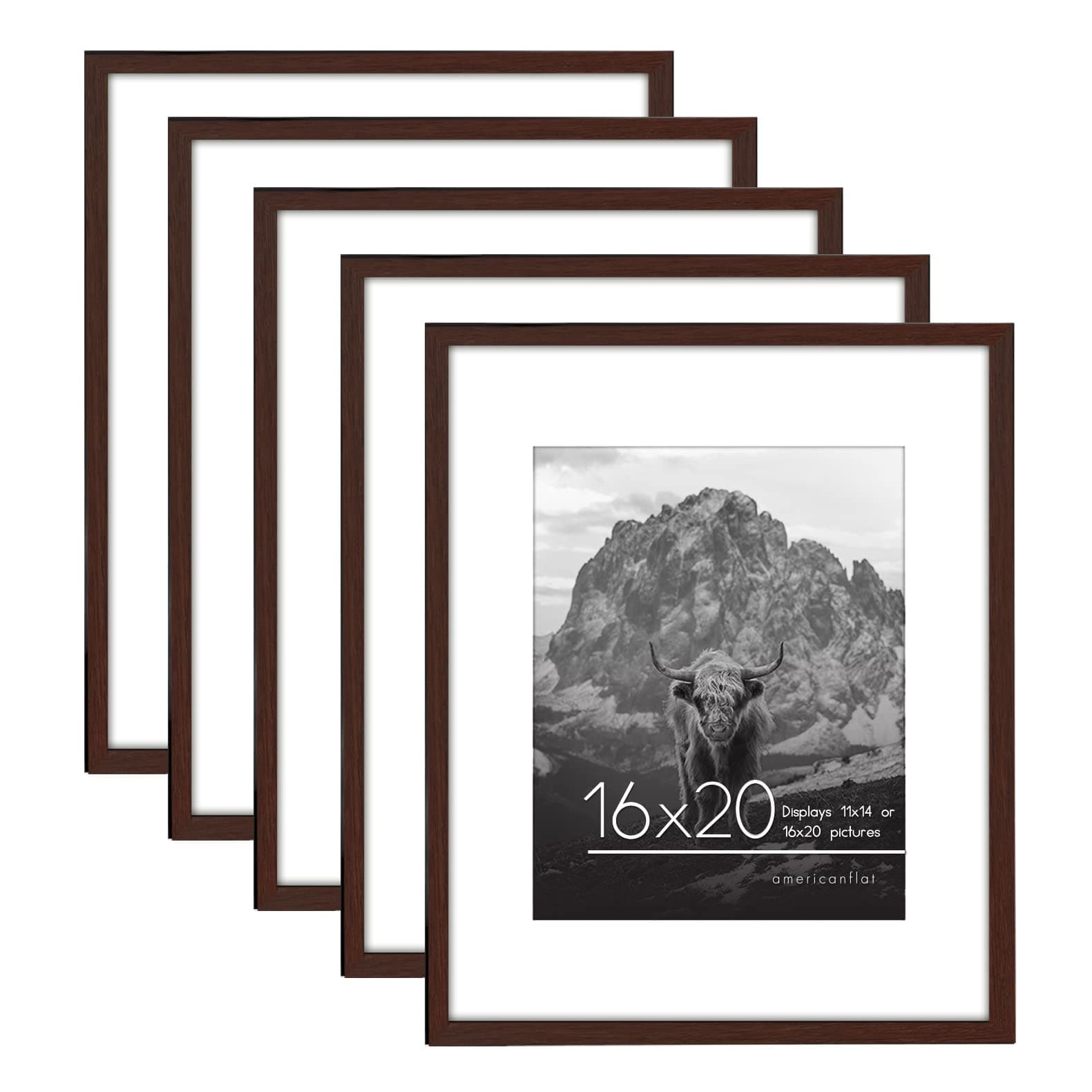 Americanflat 16x20 Picture Frame in Mahogany - Set of 5 - Use as 11x14 Picture Frame with Mat or 16x20 Frame Without Mat - Plexiglass Cover, Sawtooth Hanging Hardware - Horizontal or Vertical Display