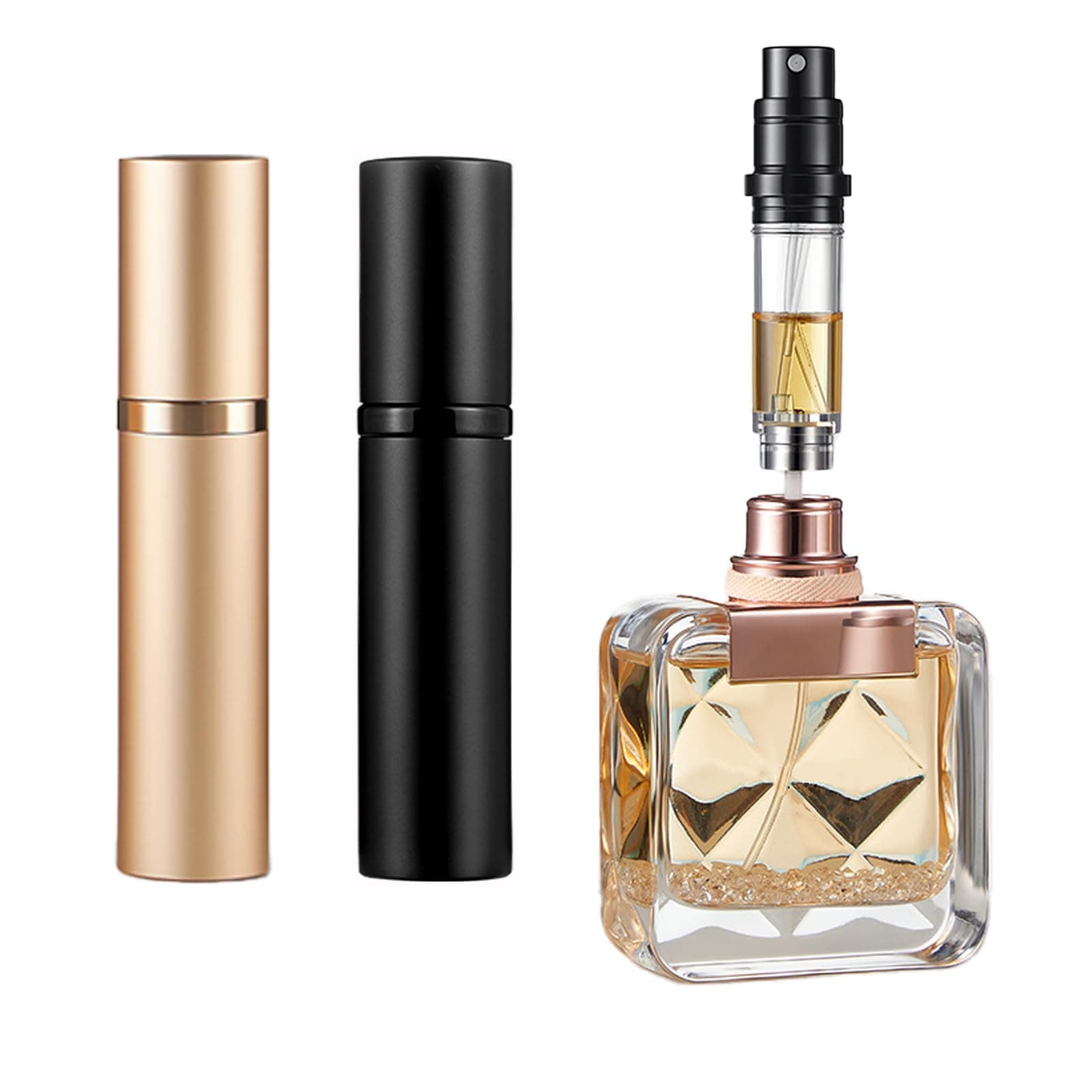 Refillable Perfume Atomiser 2 Pack 5ml, Mini Travel Aftershave Dispenser, Small Perfume Spray Bottle, Pocket Size Bottom Filling Perfume Dispenser for Women and Men (Black+Gold)