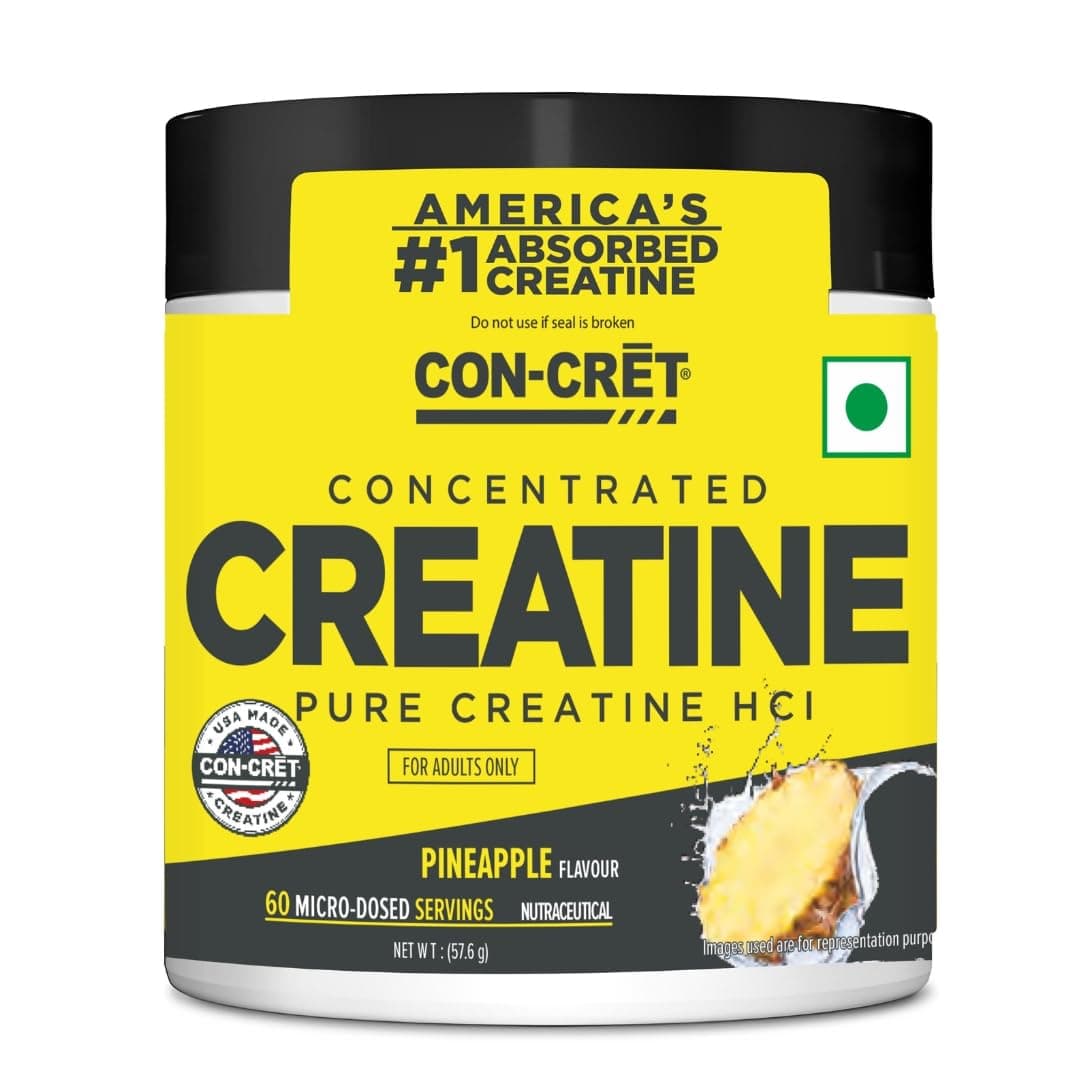 CON-CRET Concentrated Creatine HCL - supports Muscle, Cognitive, Cellular Energy | No Bloating or Cramps | USA Made & NSF Certified | 60 Micro-dosed servings | Pineapple Flavour (57.6gms)