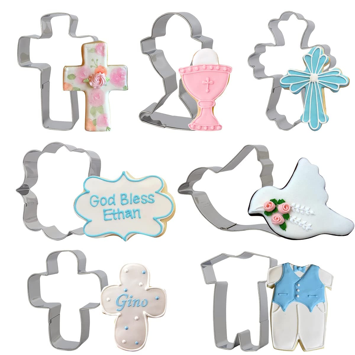 Baptism Cookie Cutter Set - 7pcs Cross Dove Pigeon Cutters First Communion Religious Baptism Holy Cross Stainless Steel Metal Biscuit Mold