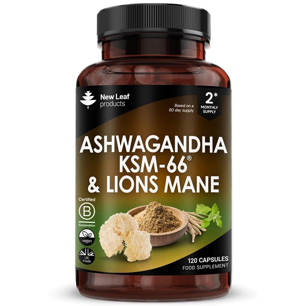 Ashwagandha KSM-66 and Lions Mane Capsules - High Strength 2000mg KSM-66 Ashwaghandha Root Extract and Lions Mane Mushroom Extract - 120 Vegan Capsules with Black Pepper - UK Made by New Leaf