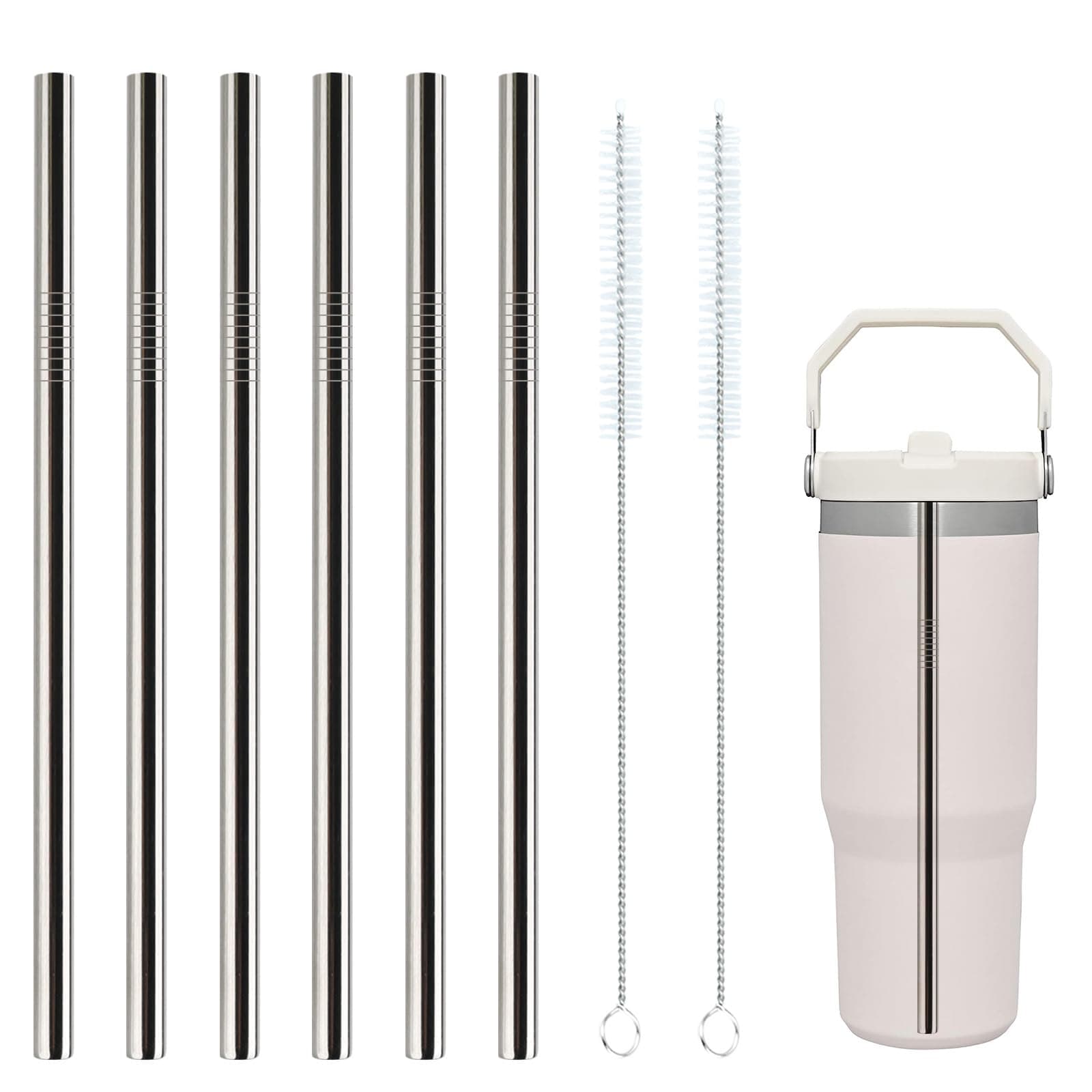 Stanley Iceflow Flip Metal Straws for 30 oz Tumblers Reusable Replacement Stainless Steel Straws 6 Pack with 2 Straw Cleaner Brushes for Stanley Accessories (Stainless Steel, Stanley Iceflow, 30 oz)