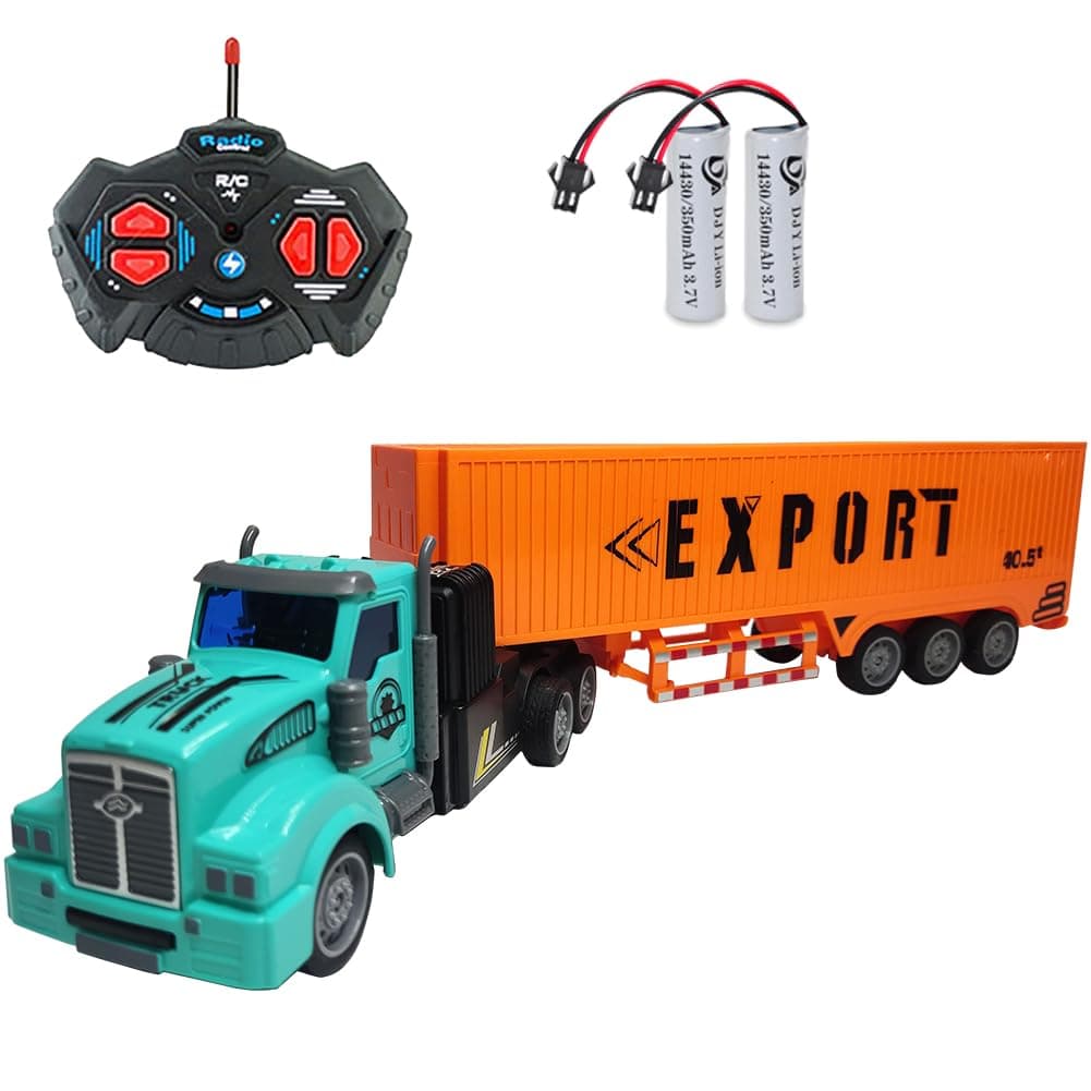 Remote Control Semi Truck Toy for Kids - 14" Mini Container Truck with 2 Rechargeable Batteries,1:48 Carrier Van Transport Car, RC Semi Trucks and Trailer with Lights, Great Gift for Kids Boys Girls