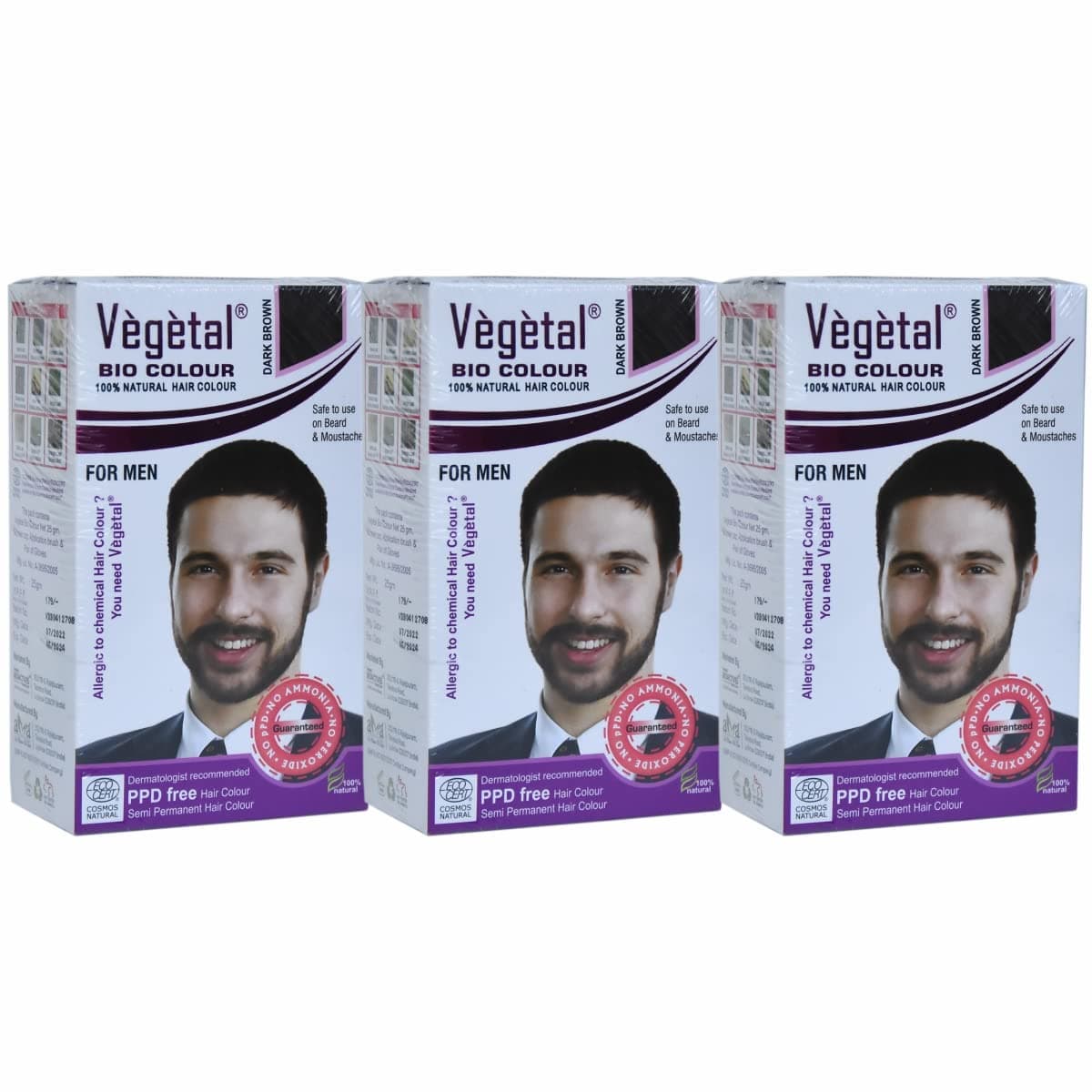 Vegetal Bio Beard Hair Colour -25g (Pack of 3) I Each Experience Natural Dark Brown Beard Hair Color for Men I Ammonia-Free, PPD-Free, 100% Organic, and Herbal, Safe and Effective Beard Dye