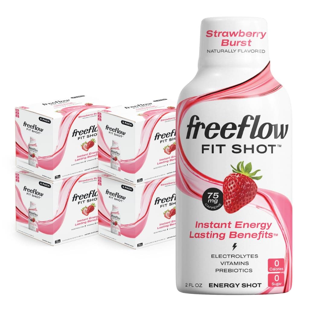 Fit Energy Shots, Strawberry Burst, Natural Caffeine Boost with L-theanine, Ginseng, Vitamins, Prebiotics, Electrolytes (24 Count, 2oz Shots)