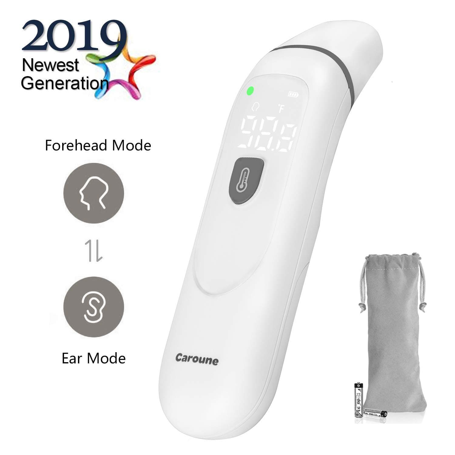 Caroune Thermometers for Kids Baby and Adult, Ear and Forehead Thermometer for Fever, Digital Medical Infrared Thermometer with Fever Alarm Accurate and Take in 1 Sec with 2 x AAA Batteries, White