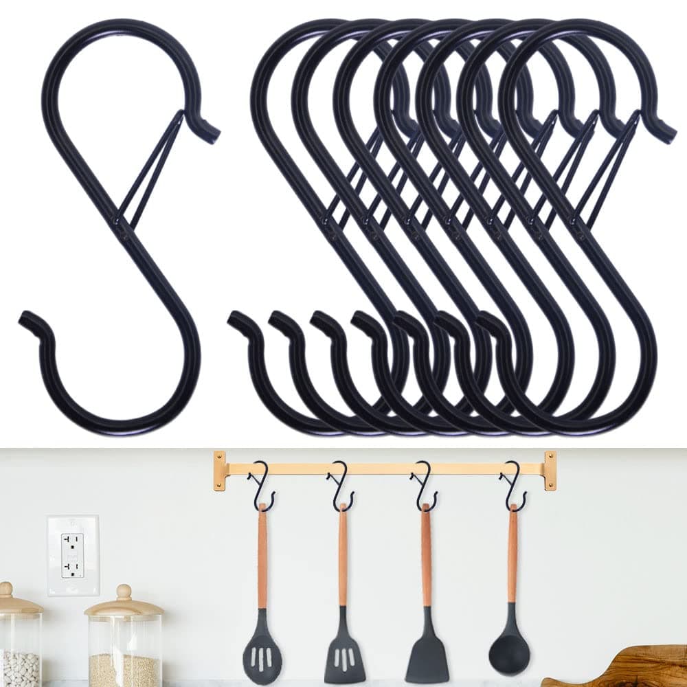8PCS S Hooks for Hanging - S Shaped Hooks for Kitchen Utensil and Closet Rod - Black S Hooks for Hanging Plants, Pots and Pans, Bags - Heavy Duty Rustproof Safety Buckle Design - 3.5 Inch