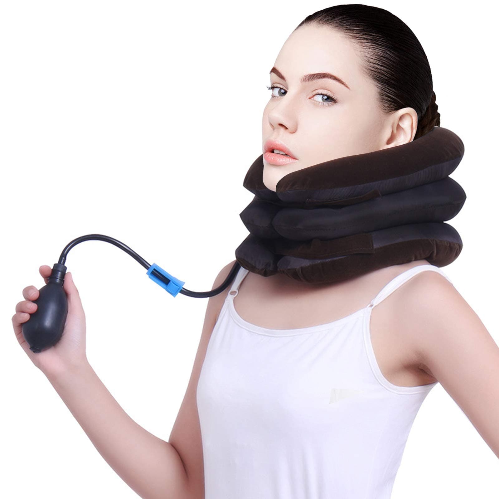 TOPJESS Cervical Neck Traction Device and Instant Pain Relief, Collar Brace, Inflatable Adjustable Support & Stretcher for Spine Alignment Chronic,Neck Pillow Decompression, Brown