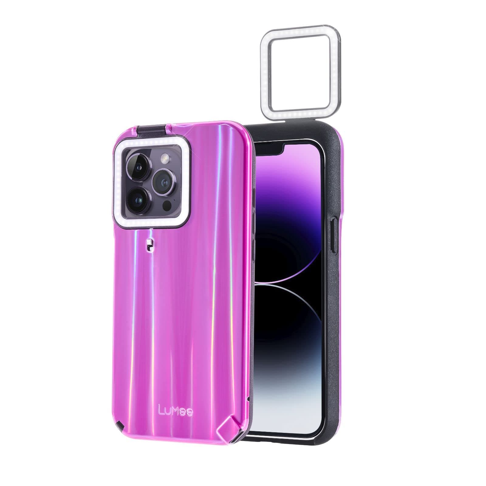 LuMee Flip - iPhone 14 Pro Max Case - Illuminated Flashlight Phone Cover with Front and Rear LED Light Up - Rechargeable Selfie Case with Flippable Dual Side Light, Adjustable Brightness - Hot Pink