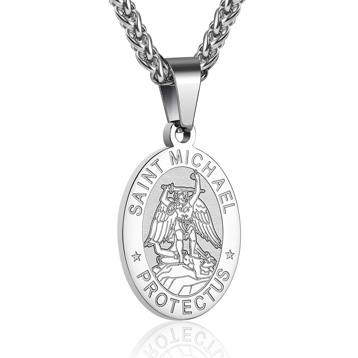 P. BLAKE Oval Saint Christopher/Michael/Joseph/Jude/Virgin Mary/Joseph/Francis/Patrick/Anthony/Benedict/Thomas Necklace for Men Women, Stainless Steel Catholic Patron Pendant with Chain 24 Inches