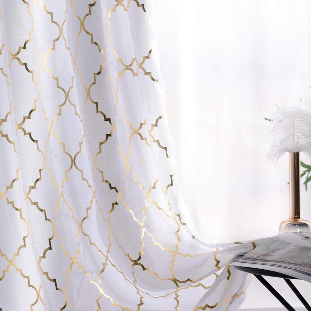 YJ YANJUN White Sheer Curtains 84 inches Long Trellis Gold Foil Curtains for Living Room Bedroom Set of 2 Panles, 52 x 84 inch