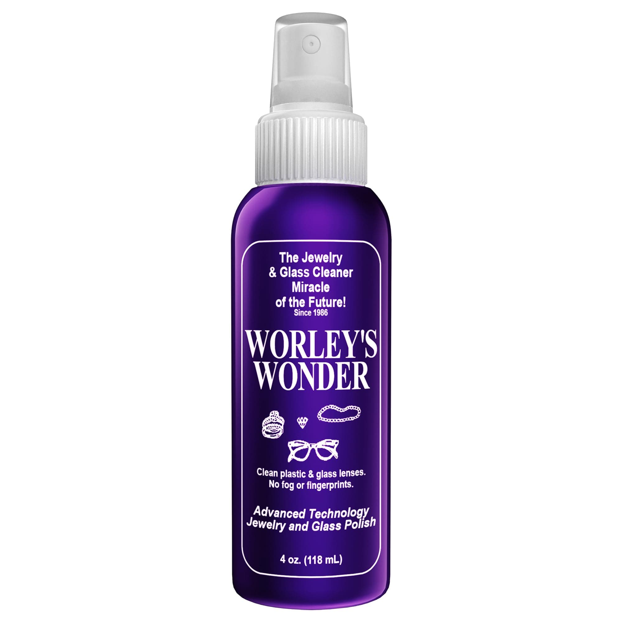 Worley's Wonder Jewelry & Glass Cleaner (4 Ounce Spray Bottle) - Jewelry Cleaner Spray for Gold, Silver, Diamonds, Gemstones, Glass, Marble, Electronics (4.00 Fl Oz (Pack of 1))