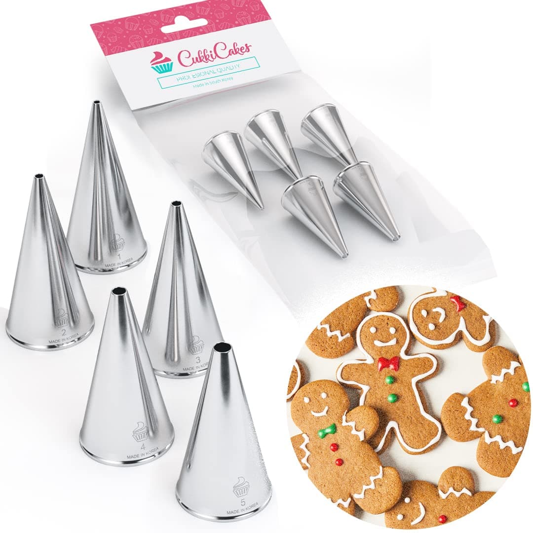 Set of 5 Professional Piping Tips for Drawing and Writing on Cookies, Cakes & Cupcakes (numbers 1, 2, 3, 4 & 5) - Icing Tips/Frosting Nozzles Compatible with Pastry Bag - Made in Korea